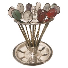 Semi-Precious Stones Cocktail Steel Sticks / Pins / Fruit Stirrer, circa 1950