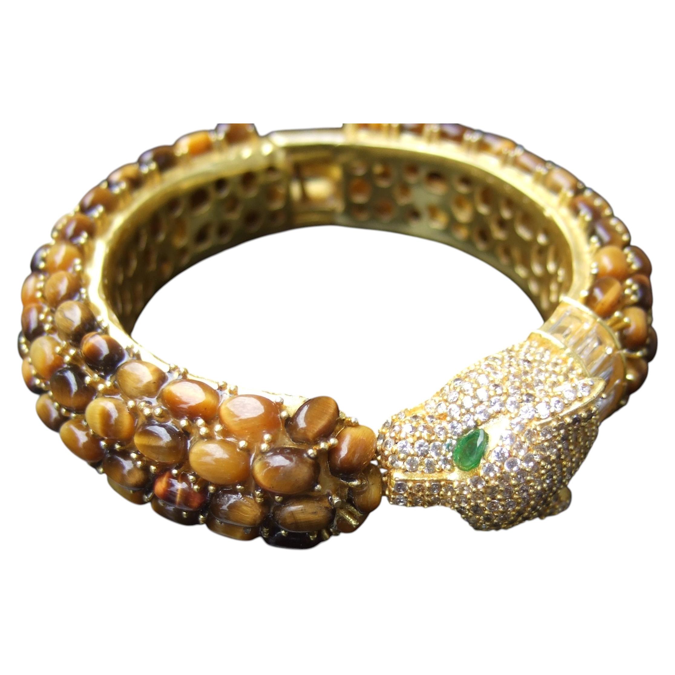 Semi Precious Tiger's Eye Crystal Jeweled Panther Hinged Bangle 21st c