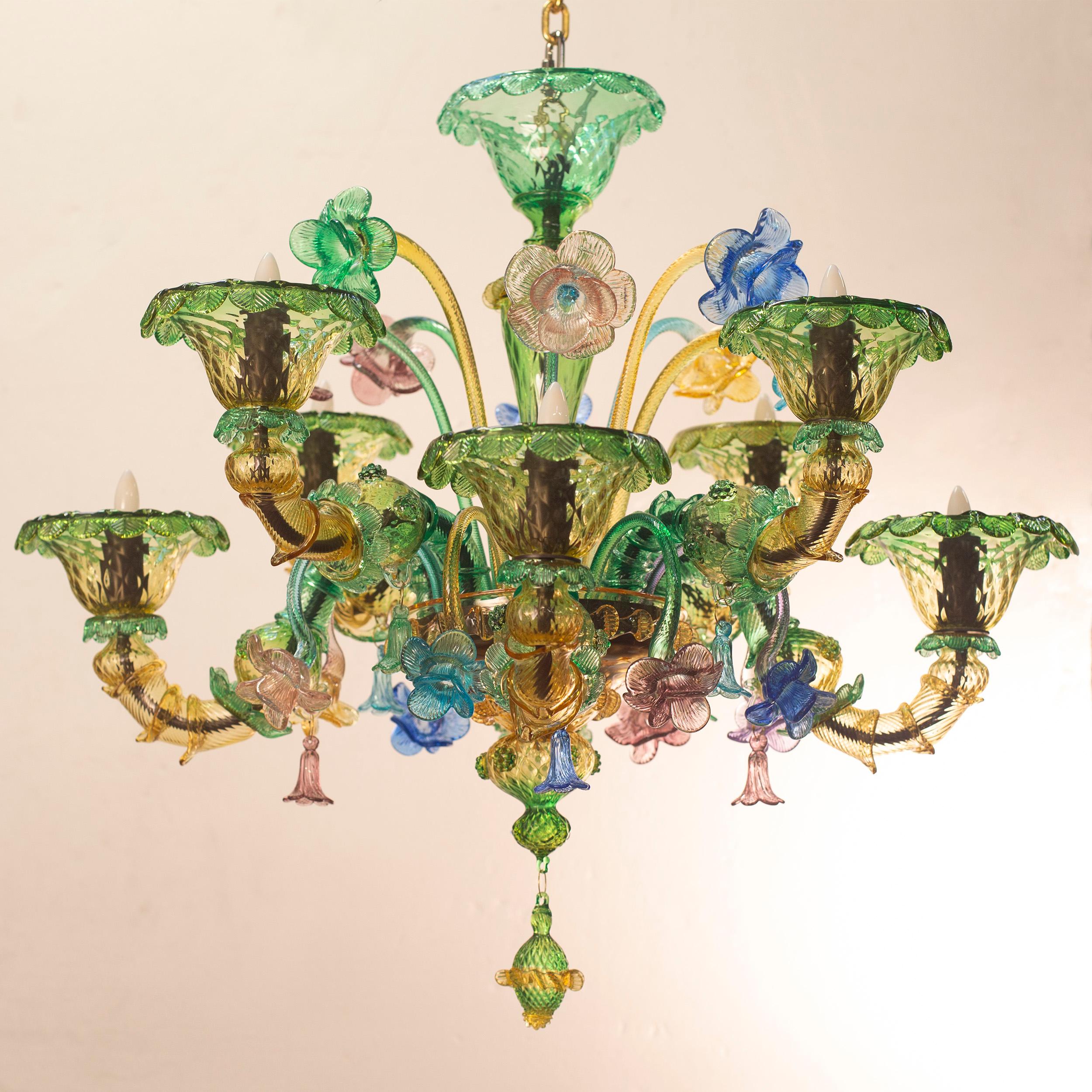 Lampadario Semi Rezzonico a 8 bracci, su 2 livelli, in vetro di Murano ambra e verde con fiori multicolore di Multiforme
Si tratta di un modello artistico realizzato dai nostri abili maestri vetrai.
Le tecniche di lavorazione del vetro di Murano