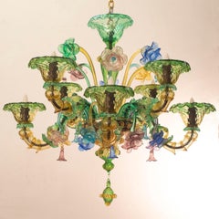 Semi-Rezzonico-Kronleuchter mit 8 Armen aus Bernstein und grünem Muranoglas von Multiforme