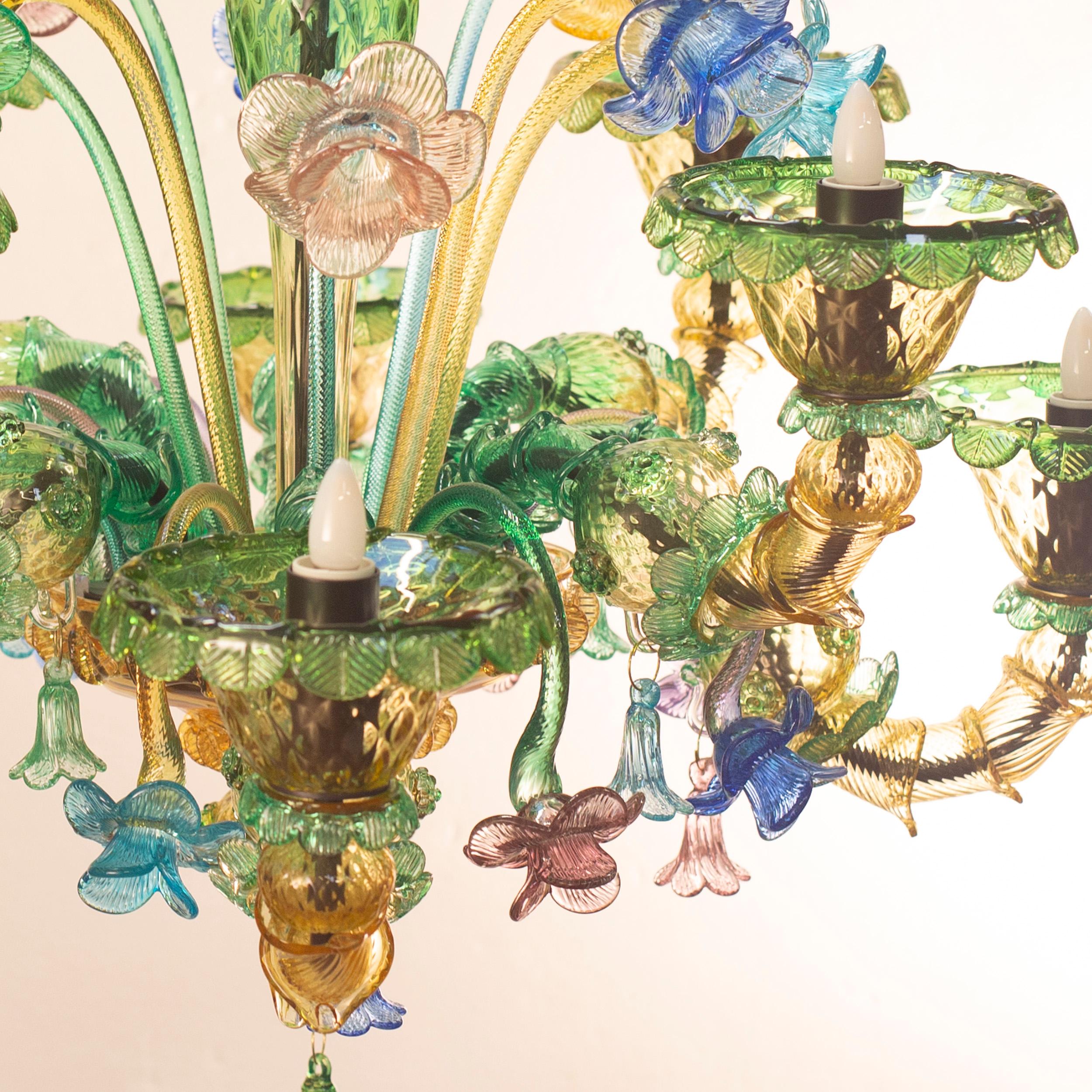 Altro Lampadario Semi-Rezzonico a 8 bracci in vetro di Murano verde e ambra di Multiforme in vendita