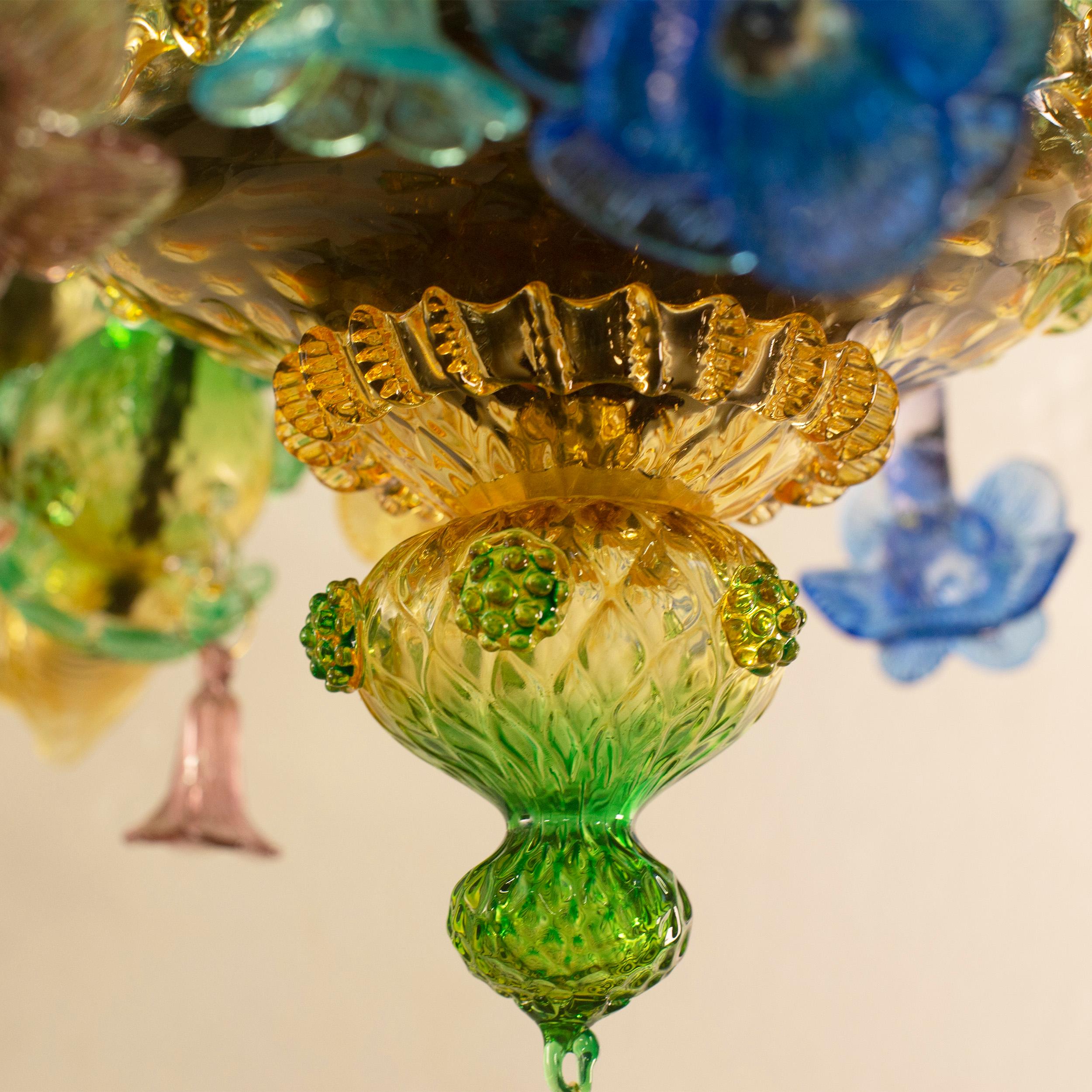 Lampadario Semi-Rezzonico a 8 bracci in vetro di Murano verde e ambra di Multiforme in vendita 1