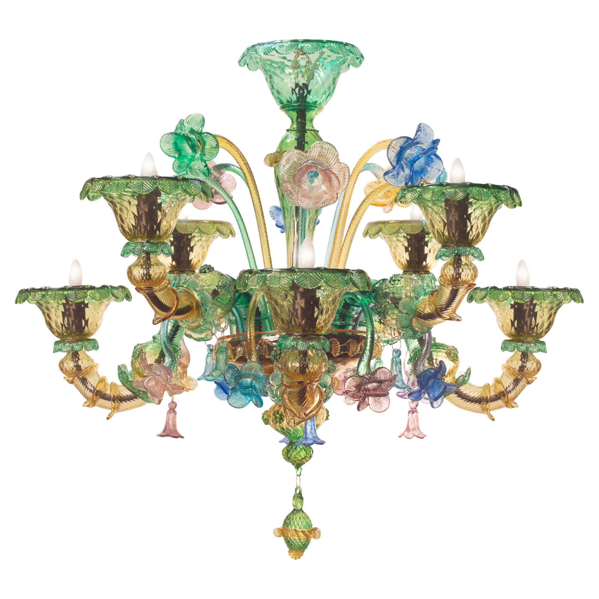 Semi-Rezzonico-Kronleuchter mit 8 Armen aus Bernstein und grünem Muranoglas von Multiforme