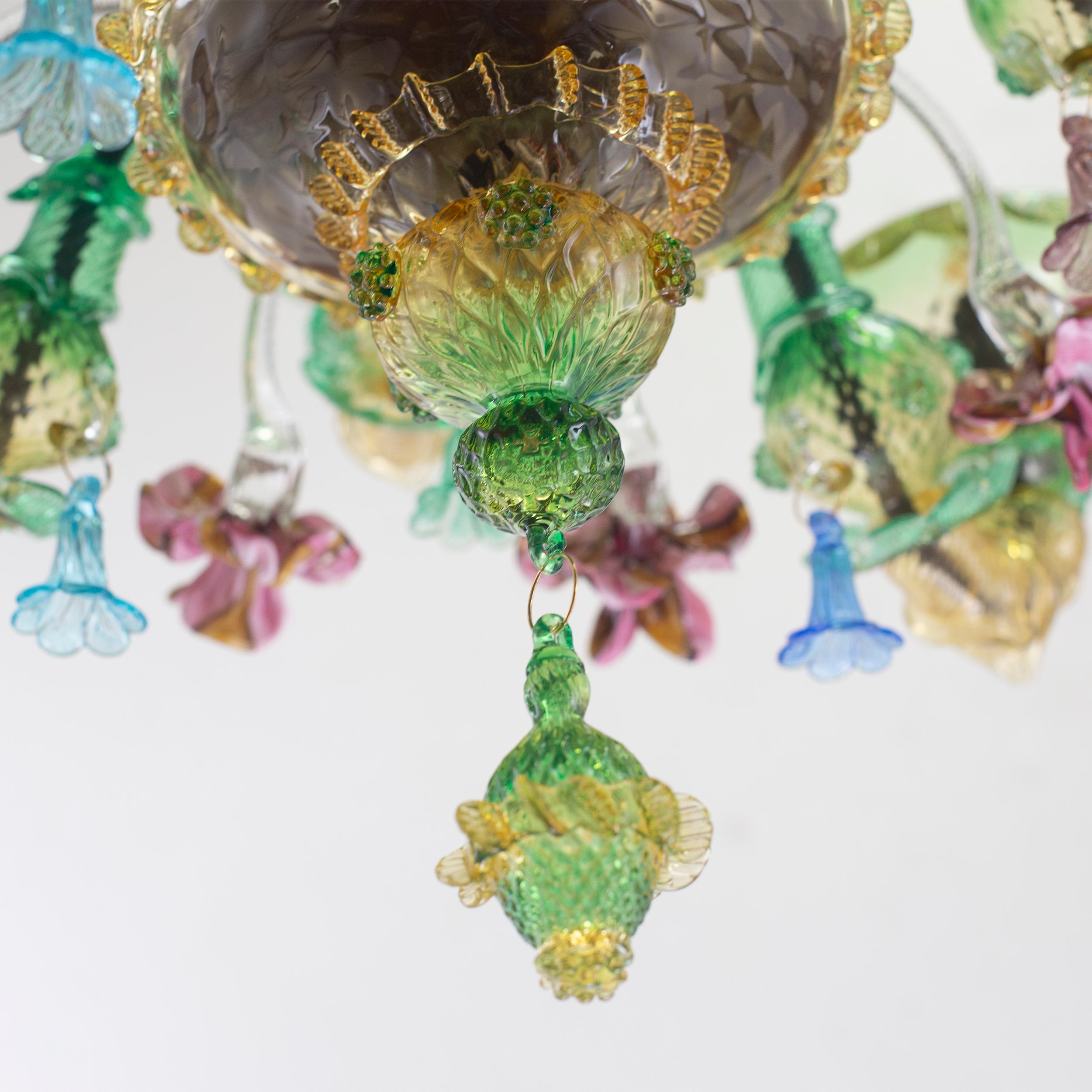 XXIe siècle et contemporain Lustre Semi-Rezzonico à 8 bras en verre de Murano ambré, vert, couleurs par Multiforme en vente