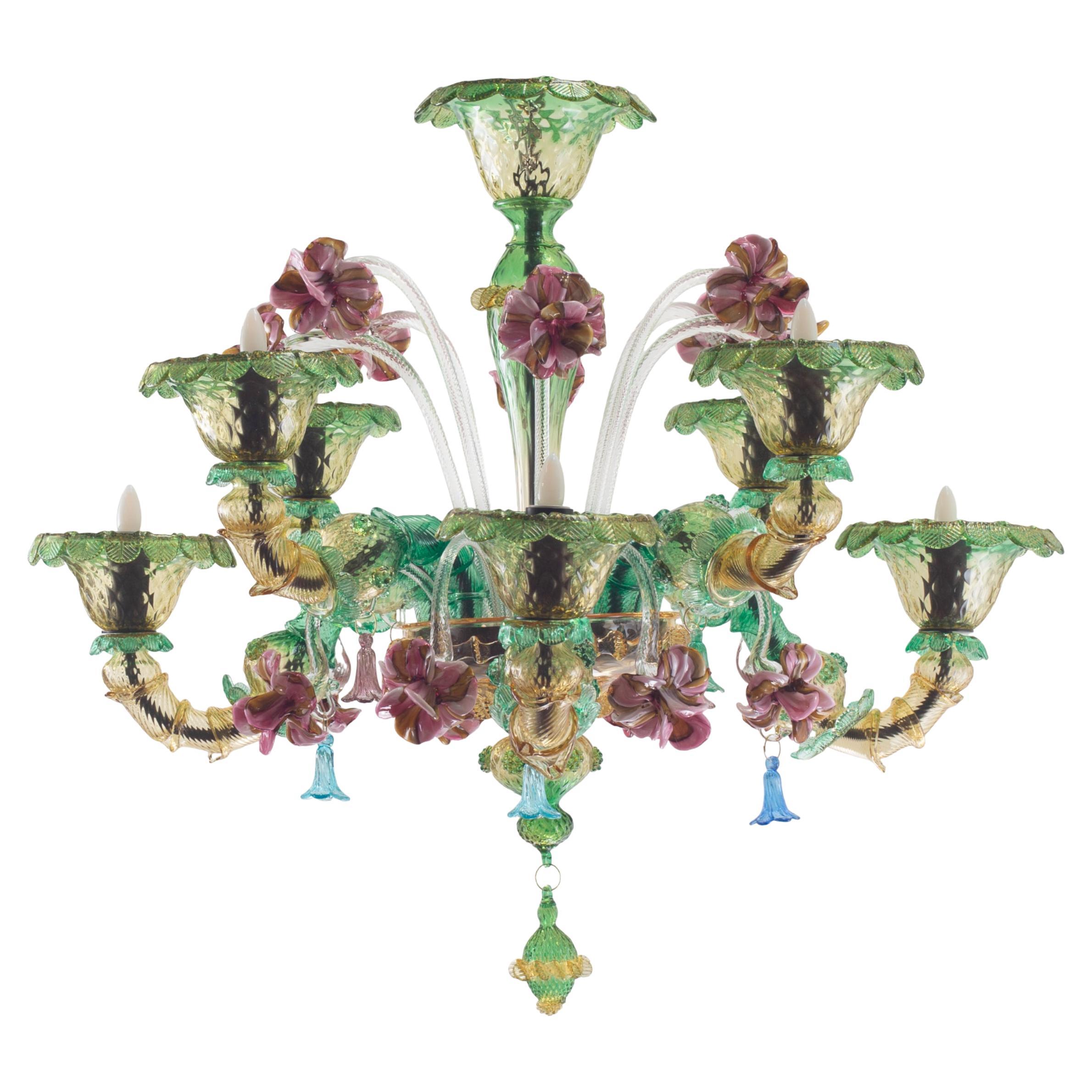 Lampadario Semi-Rezzonico 8Armi ambra, verde, colori in vetro di Murano di Multiforme