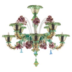 Lustre Semi-Rezzonico à 8 bras en verre de Murano ambré, vert, couleurs par Multiforme