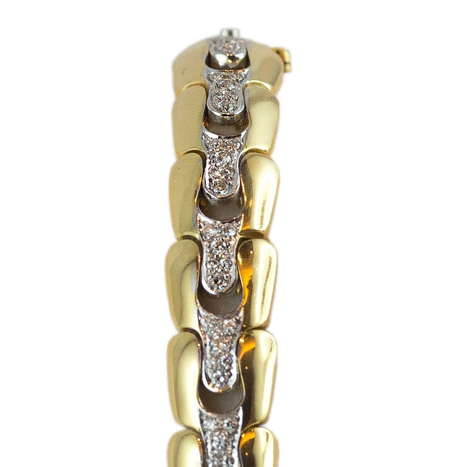 Retro Semi-Rigid Handmade 18 Karat Gold and Diamonds Link Bracelet For Sale