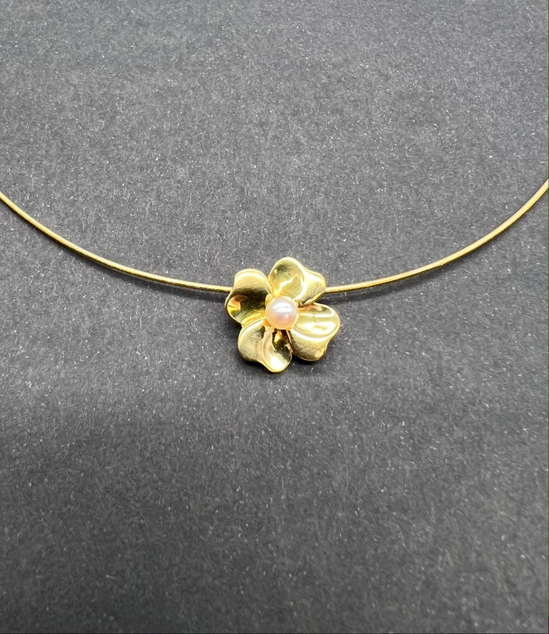 Semi-Rigid Omega Mesh Necklace with Flower Pendant and Cultured Pearl ...