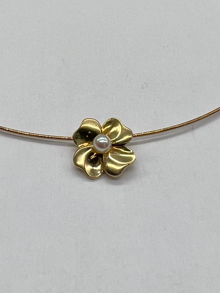 Semi-Rigid Omega Mesh Necklace with Flower Pendant and Cultured Pearl ...
