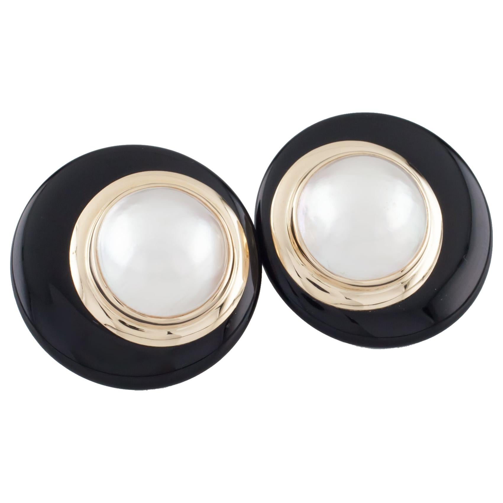 Semi-Round Pearl and Onyx Drop Earrings Set in 14 Karat with Omega Backs For Sale