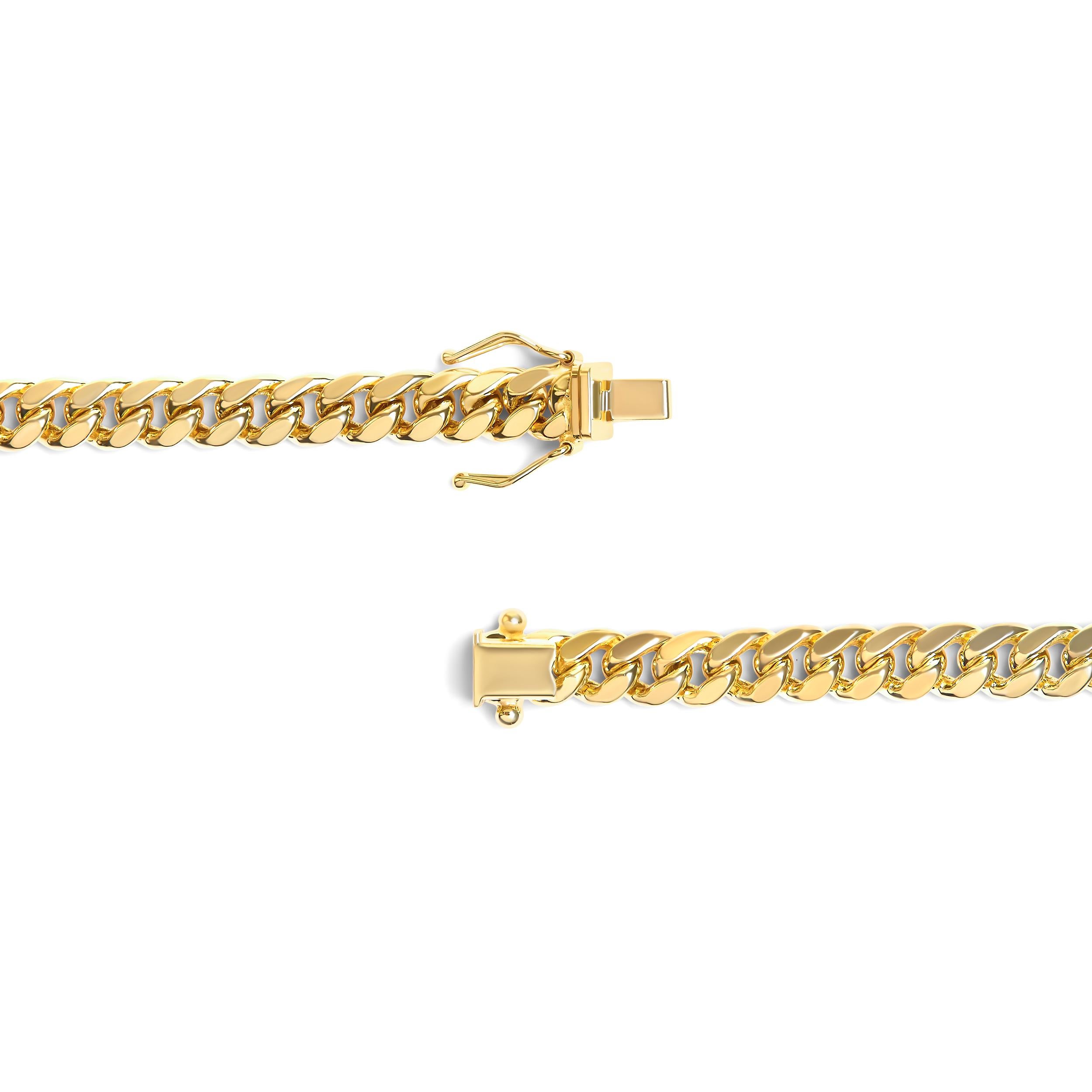 Indulge in the timeless elegance of the semi-solid 14K yellow gold necklace, meticulously crafted in a classic Miami Cuban chain design. At a substantial 6.1mm gauge, this 22-inch masterpiece melds durability with a sumptuous touch, embodying both