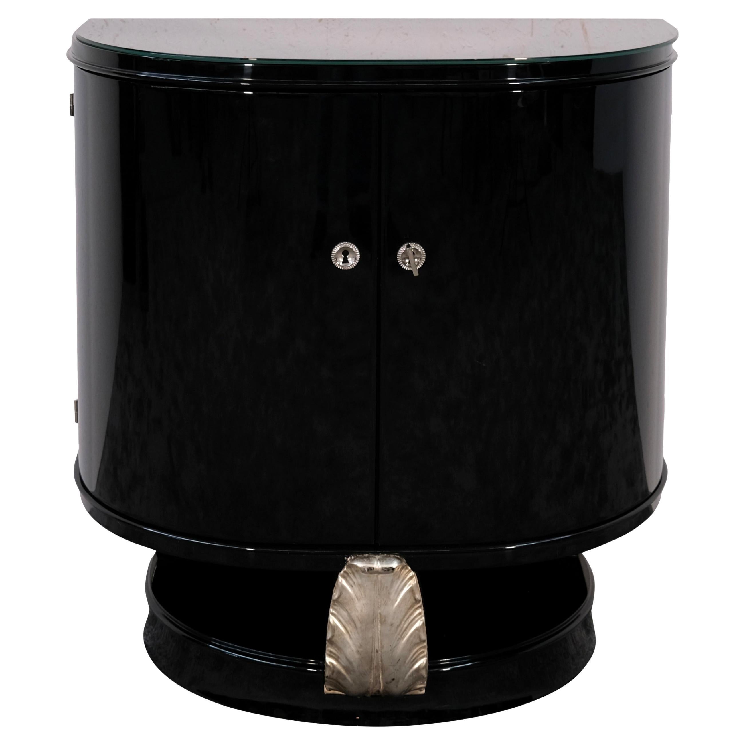 Meuble de bar Art déco semi-circle en laque de piano noire et argent, France, années 1930