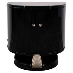 Meuble de bar Art déco semi-circle en laque de piano noire et argent, France, années 1930