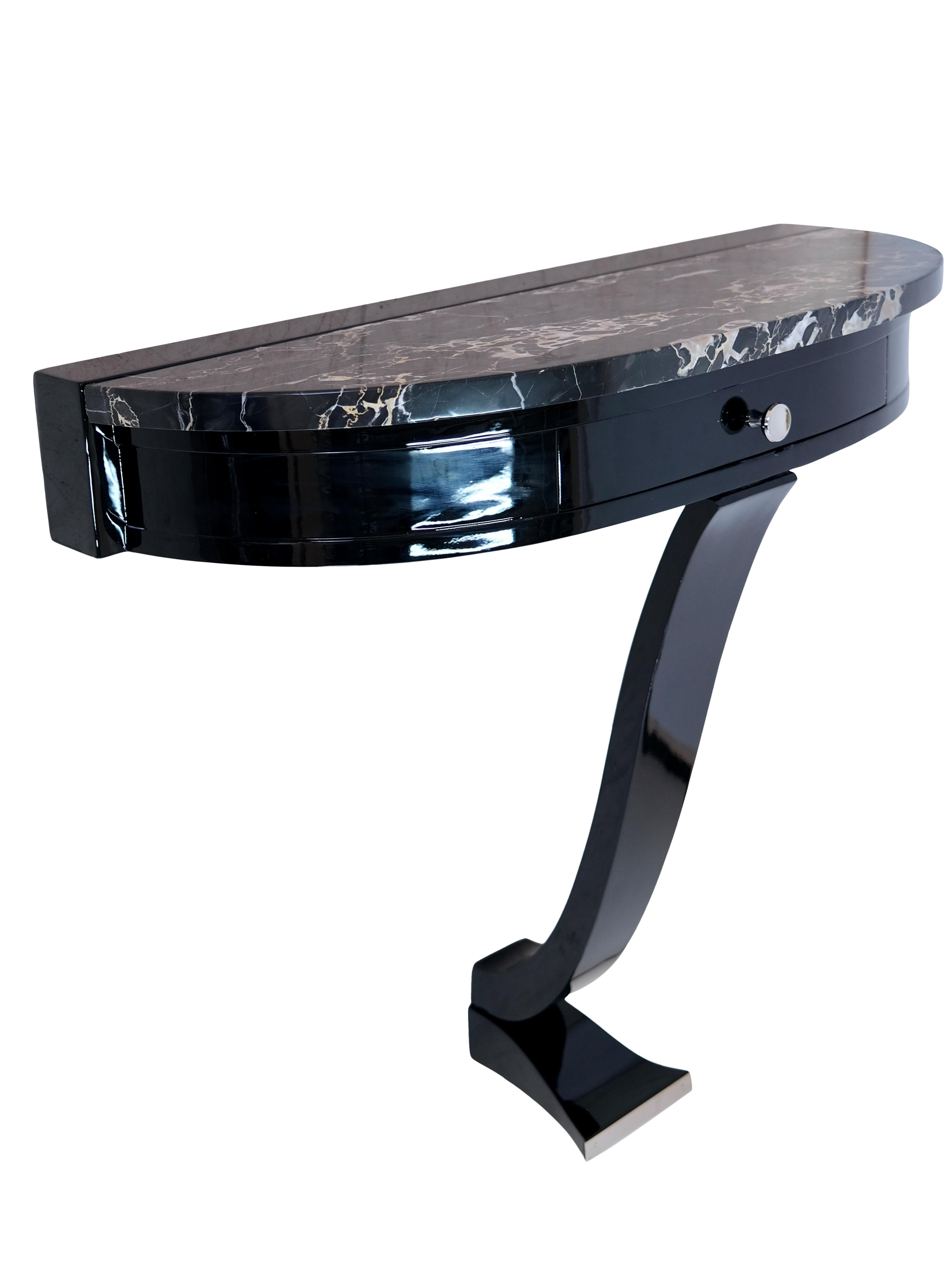 French Semicircular Art Deco Console Table in Black Lacquer with Marble Top and Drawer