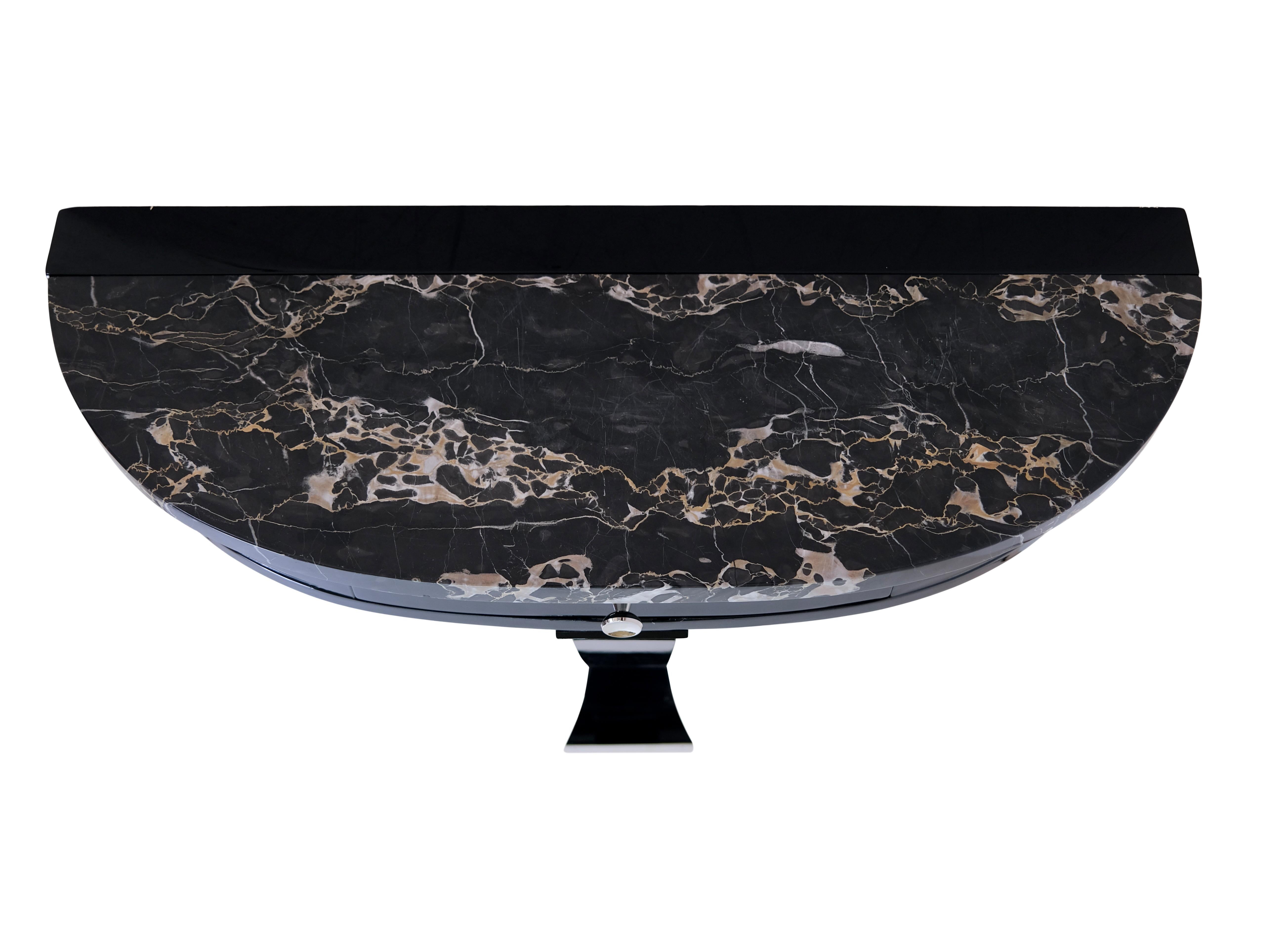 Semicircular Art Deco Console Table in Black Lacquer with Marble Top and Drawer In Good Condition In Ulm, DE