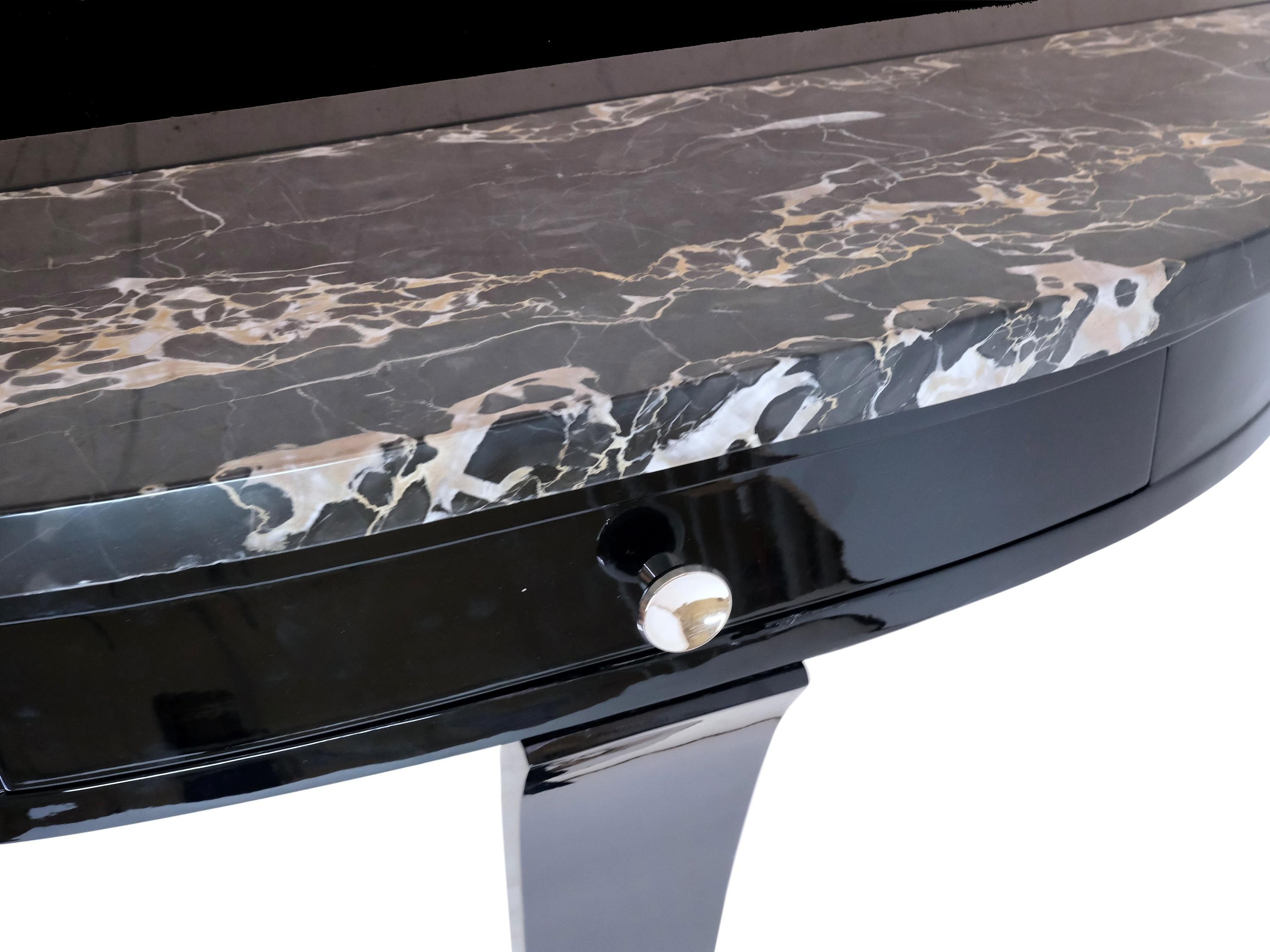 20th Century Semicircular Art Deco Console Table in Black Lacquer with Marble Top and Drawer