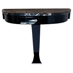 Semicircular Art Deco Console Table in Black Lacquer with Marble Top and Drawer