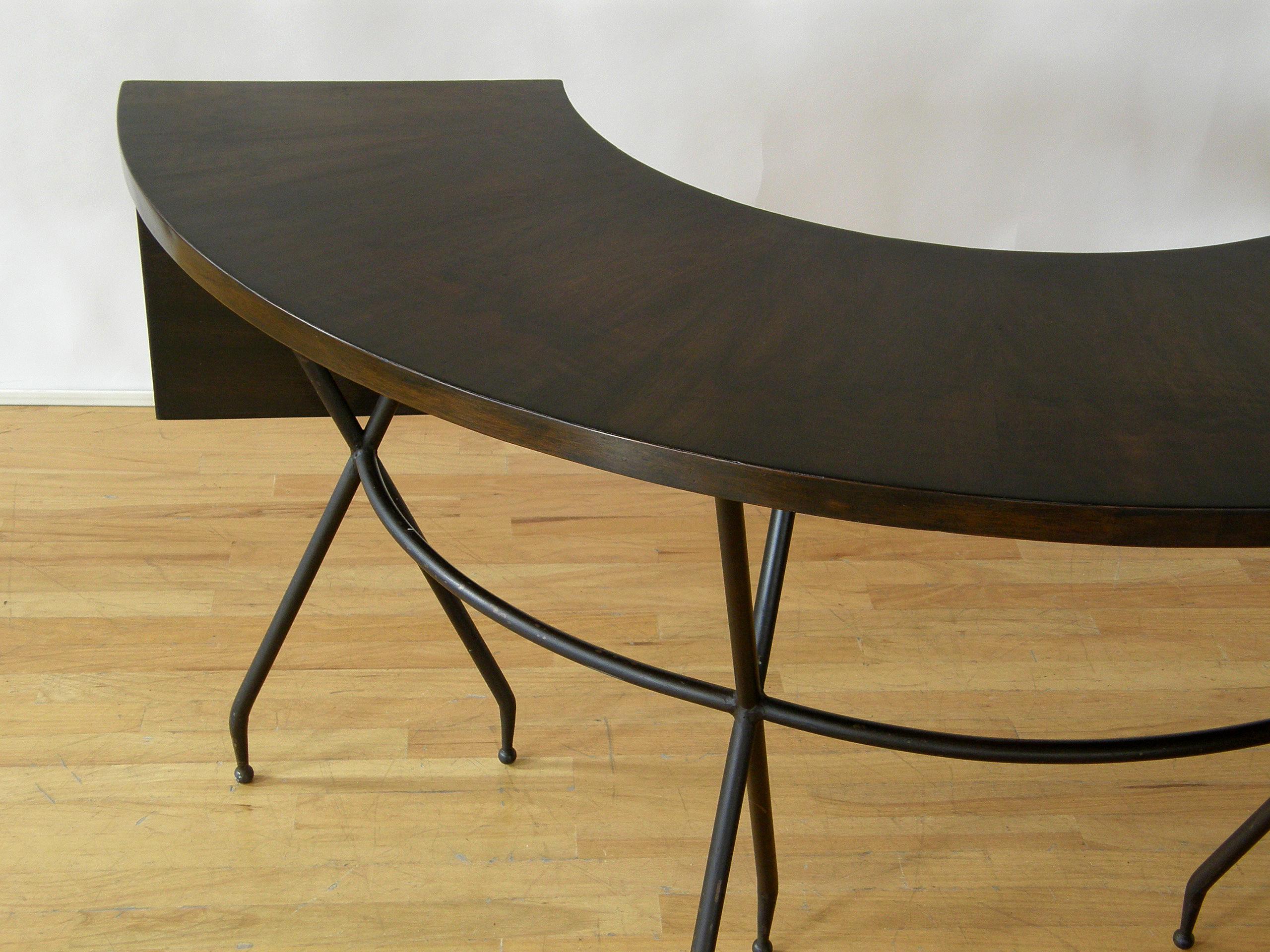 Brass Semicircular Hunt Table Desk by Sarreid with Sculptural Base and Drop Leaves