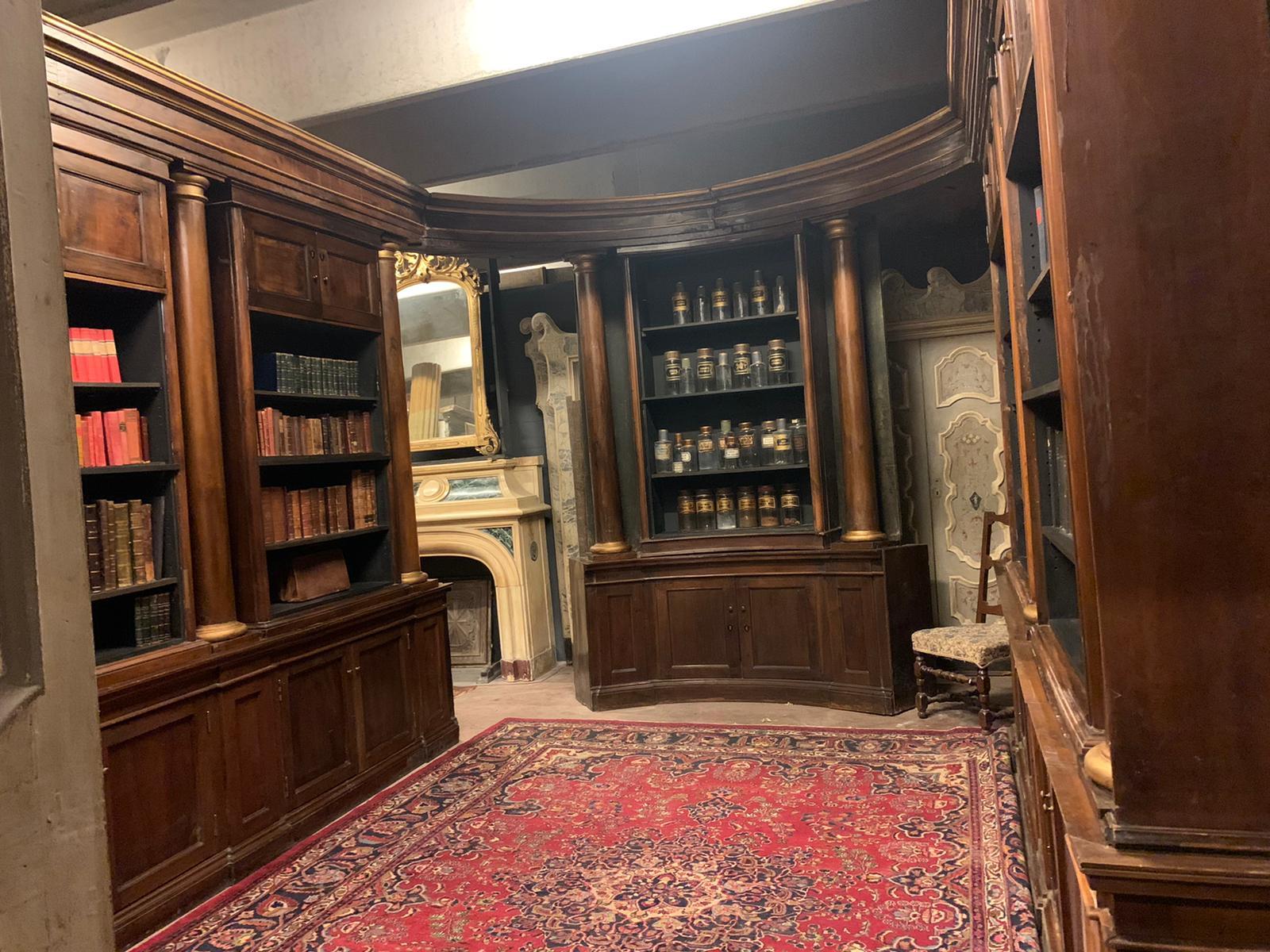 Antique Pharmacy Cabinet, with a semicircular shape with lateral columns embellished with gilded bases and capitals, complete with two passages for the back counter, horseshoe shape, with doors and shelves, in walnut wood. Original from the 19th