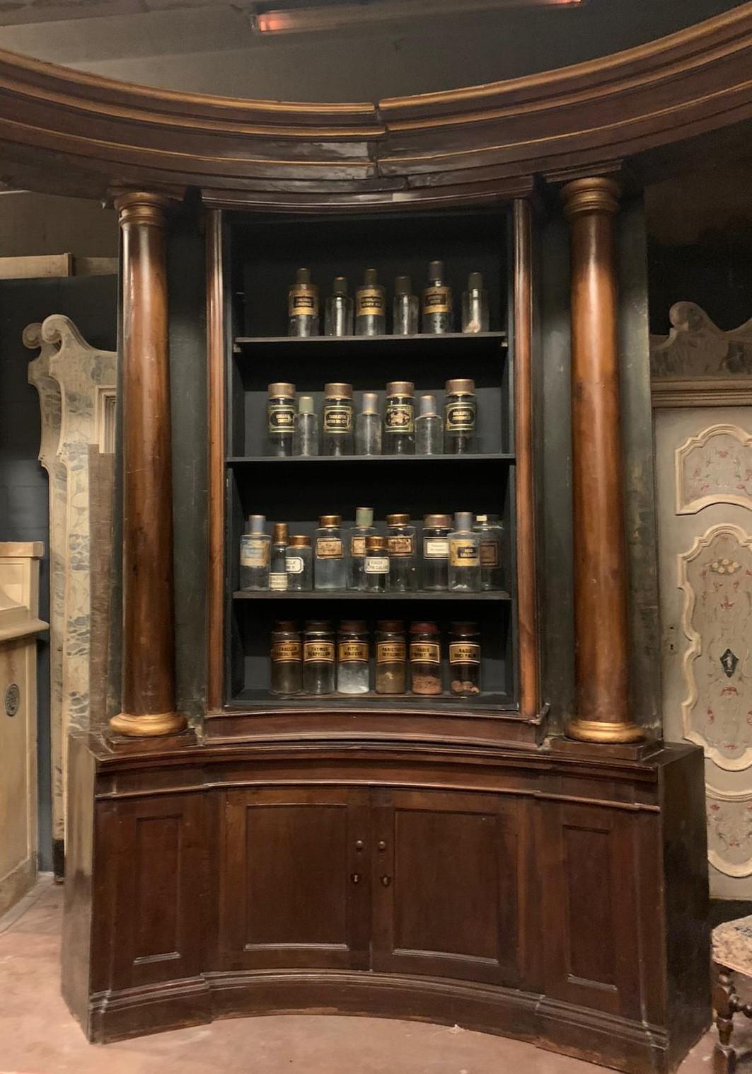 Italian Semicircular Pharmacy Cabinet, lateral columns embellished and gilted, Italy For Sale