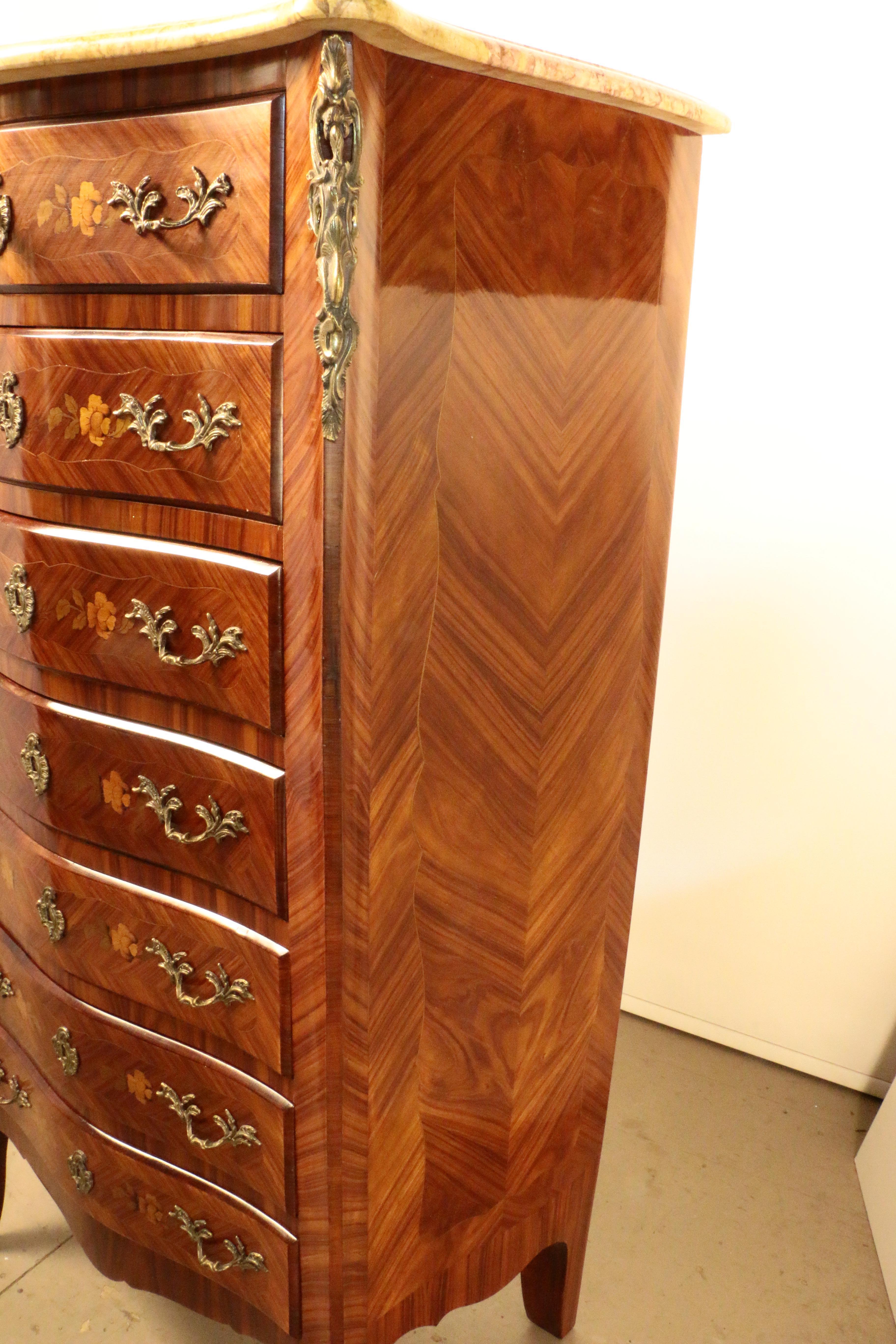 20th Century Seminaire, Tallboy Louis XV Style in Marquetry Kingwood