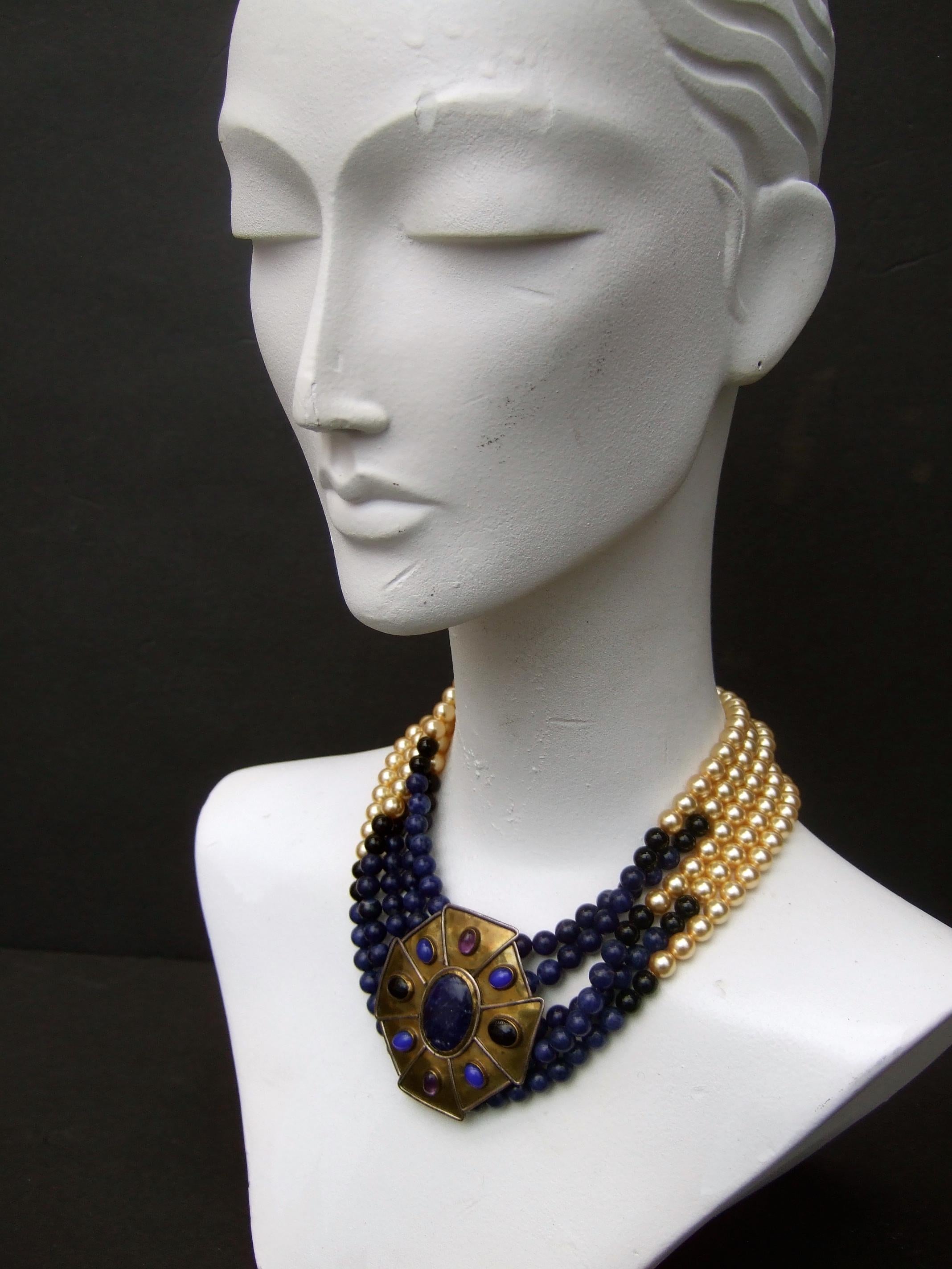 Semiprecious Lapis Amethyst Onyx Glass Enamel Pearl Choker Necklace c 1970s For Sale 9