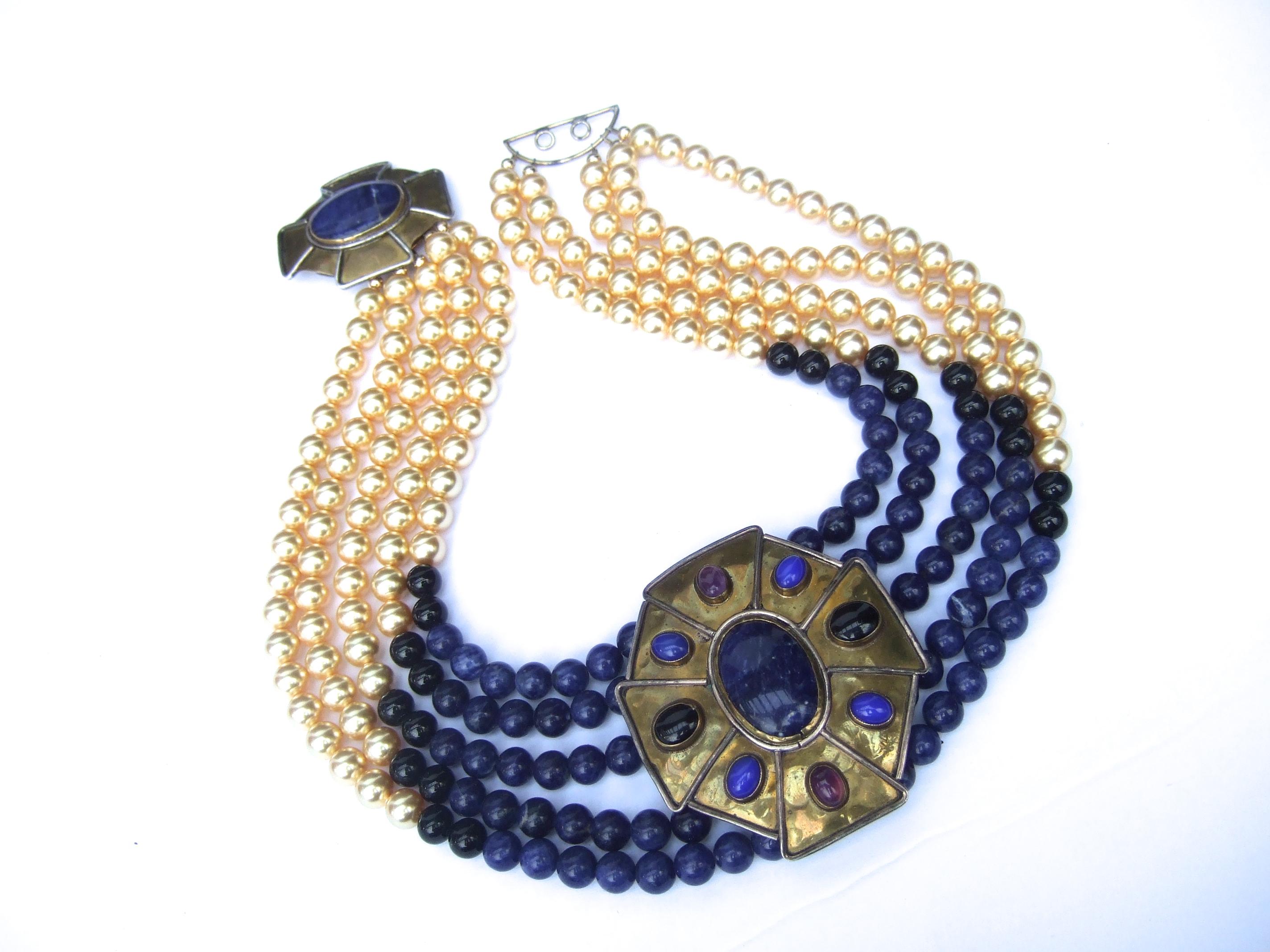 Artisan Semiprecious Lapis Amethyst Onyx Glass Enamel Pearl Choker Necklace c 1970s For Sale