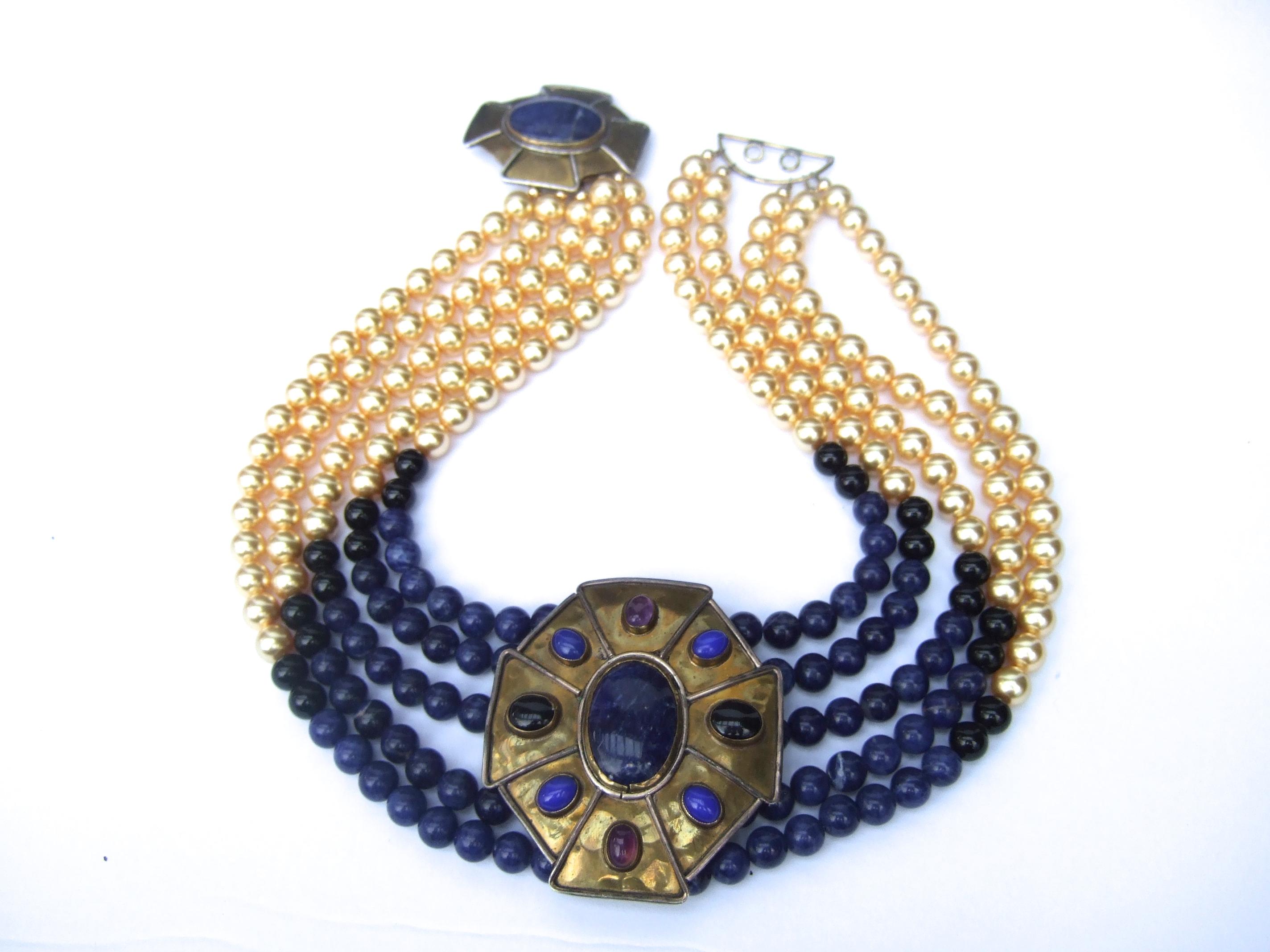 Women's Semiprecious Lapis Amethyst Onyx Glass Enamel Pearl Choker Necklace c 1970s For Sale