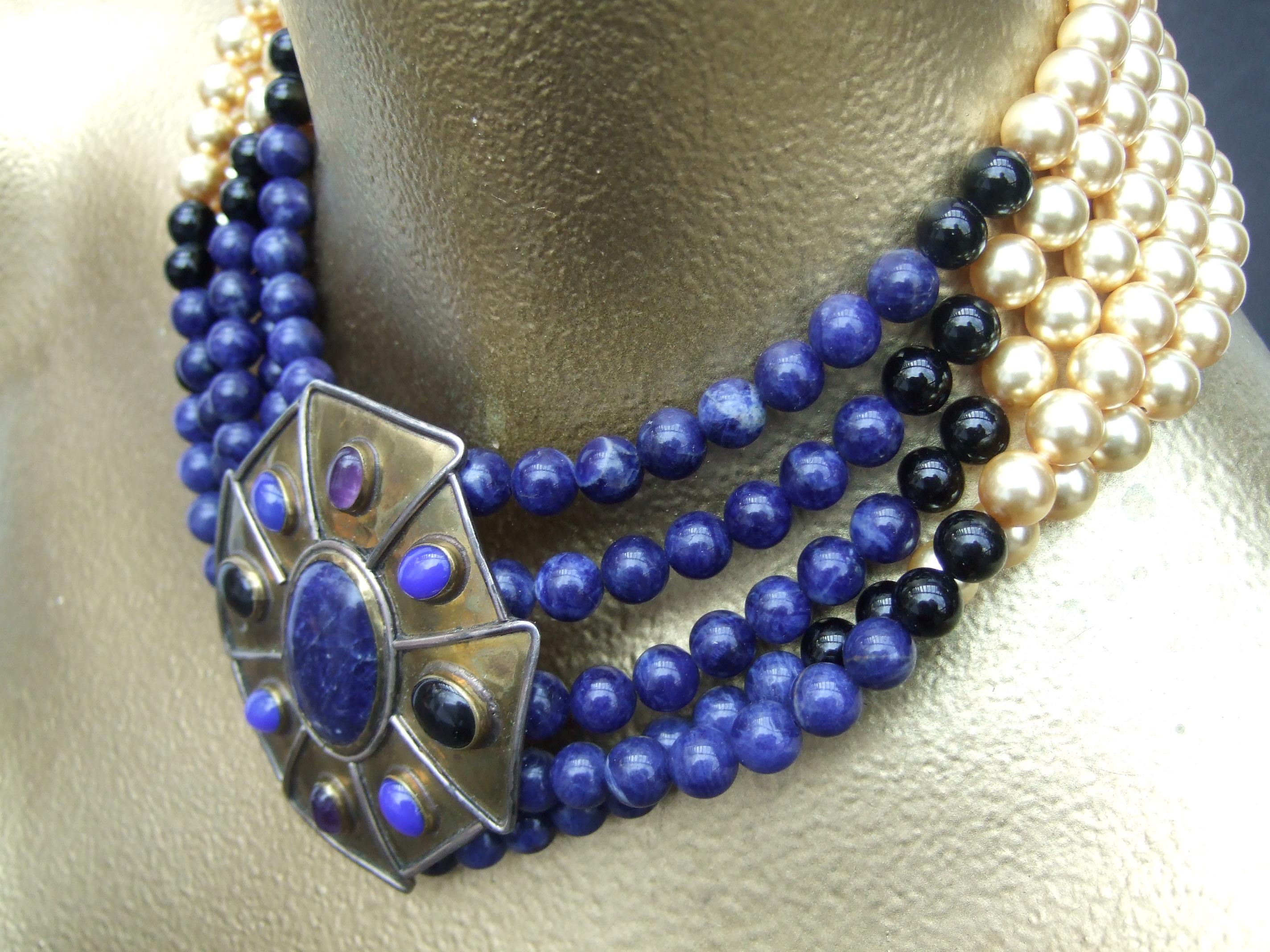 Semiprecious Lapis Amethyst Onyx Glass Enamel Pearl Choker Necklace c 1970s For Sale 1