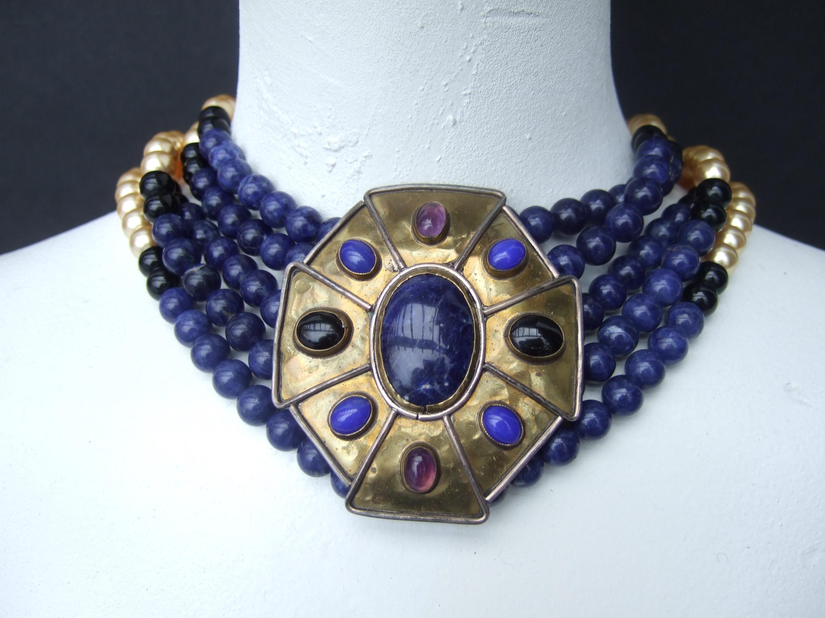 Semiprecious Lapis Amethyst Onyx Glass Enamel Pearl Choker Necklace c 1970s For Sale 2