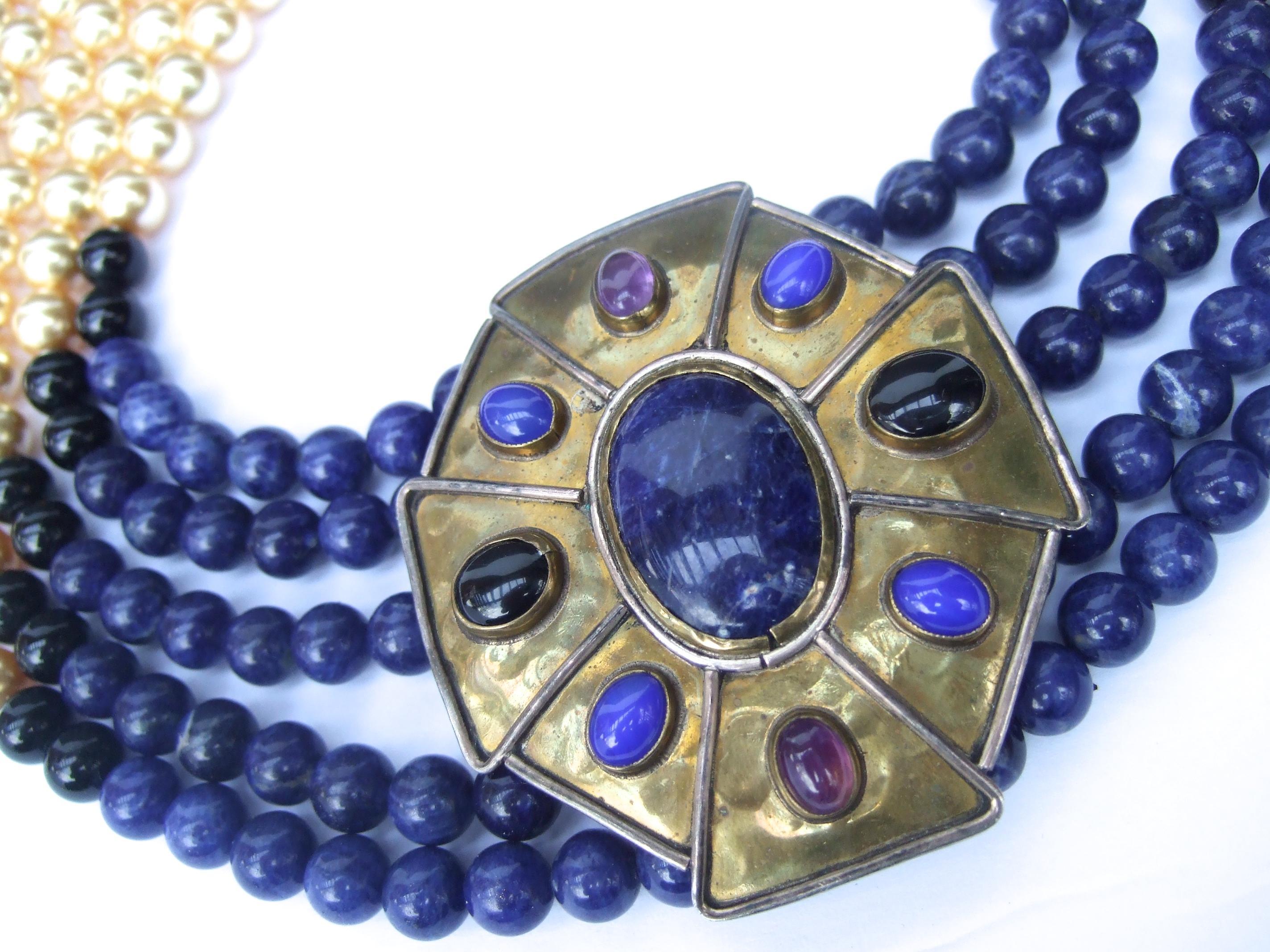 Semiprecious Lapis Amethyst Onyx Glass Enamel Pearl Choker Necklace c 1970s For Sale 3