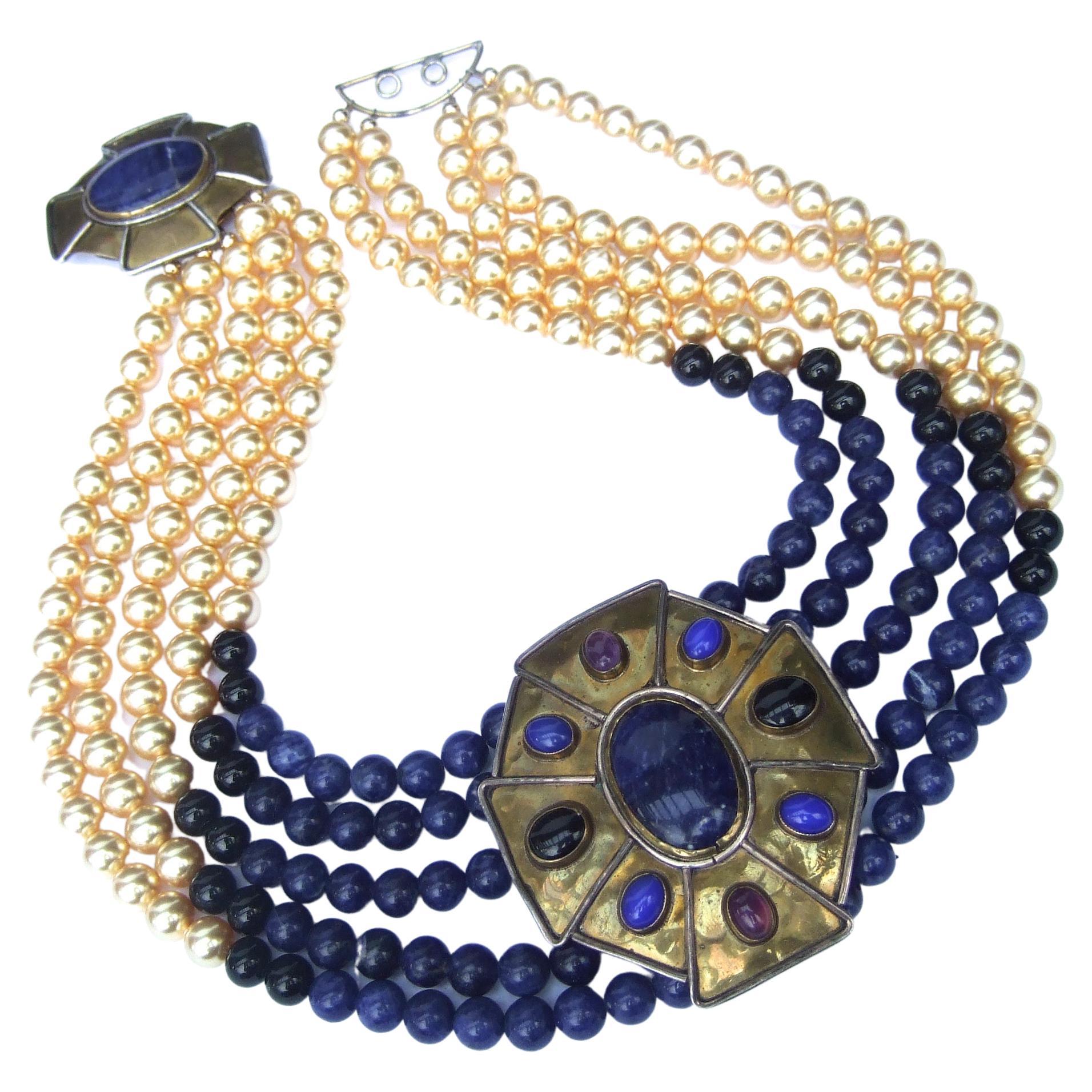 Semiprecious Lapis Amethyst Onyx Glass Enamel Pearl Choker Necklace c 1970s For Sale