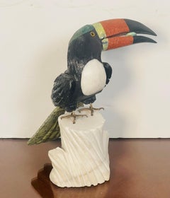 Semiprecious Multi Stone Carved Toucan Bird Sculpture on Marble Stand
