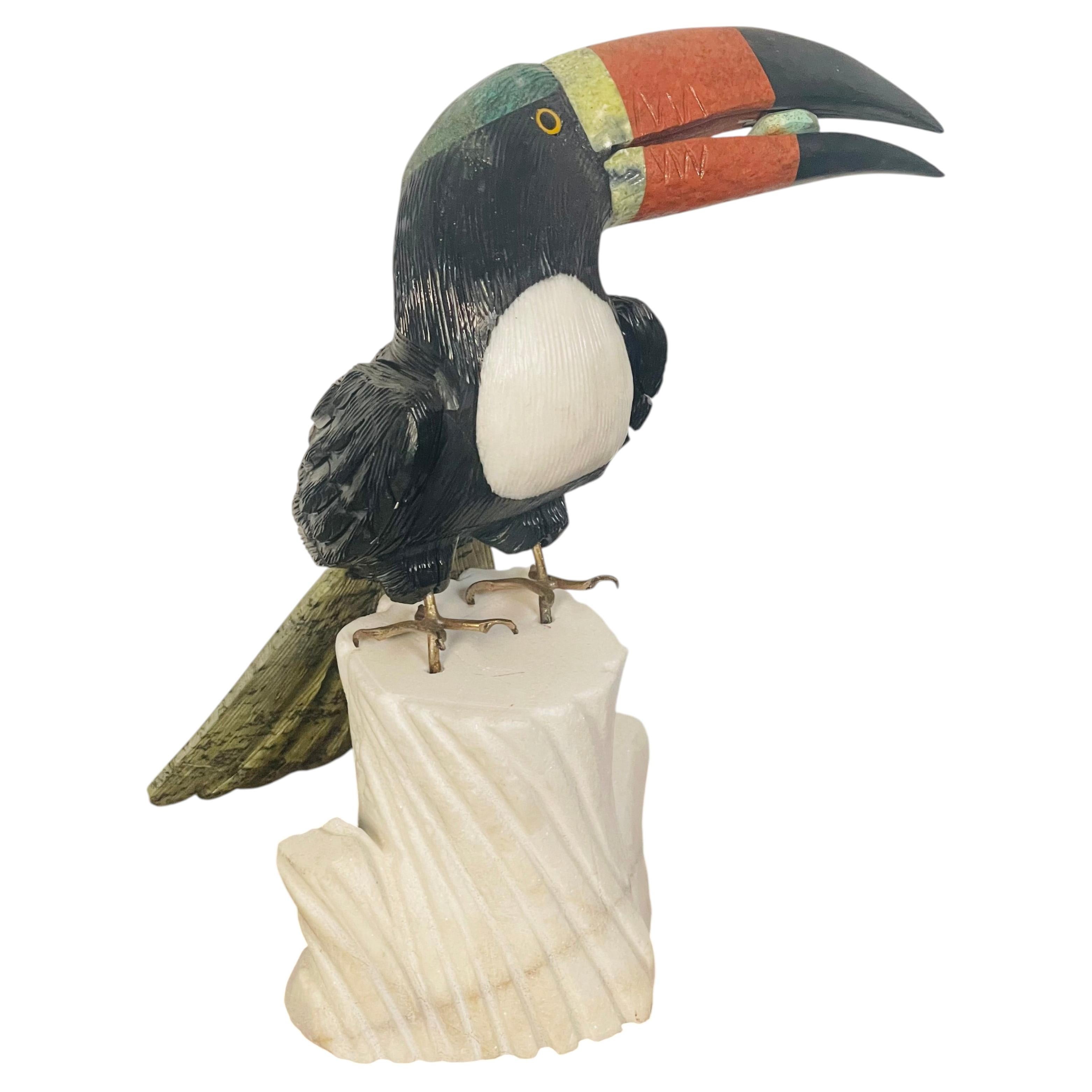 Semiprecious Multi Stone Carved Toucan Bird Sculpture on Aragonite Stand For Sale
