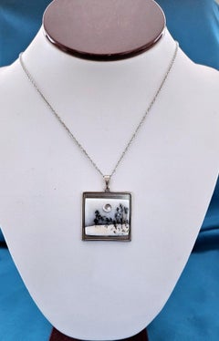 Semiprecious Stone, Dendritic Agate, White and Black Pendant Necklace