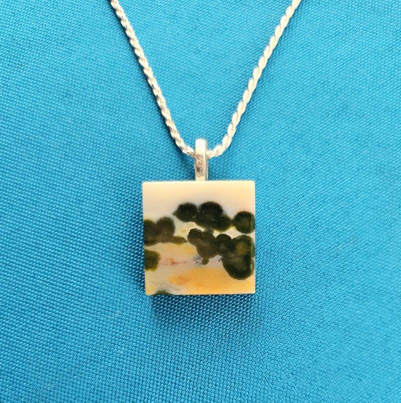 Semiprecious Stone Pendant on Sterling Silver Chain-Naturally Occuring Landscape For Sale 3