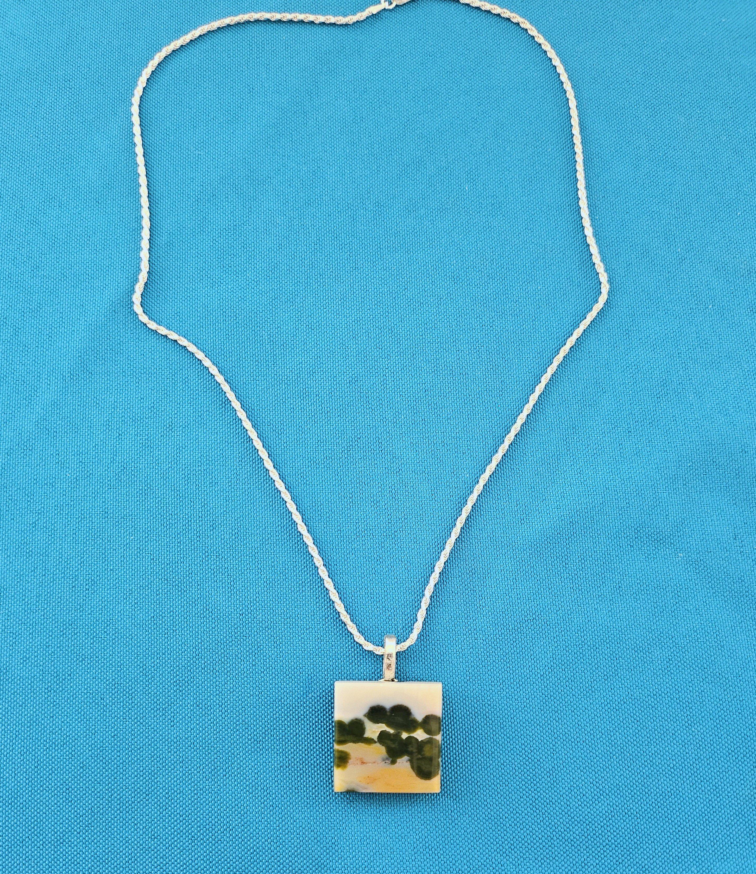 Unknown Semiprecious Stone Pendant on Sterling Silver Chain-Naturally Occuring Landscape For Sale