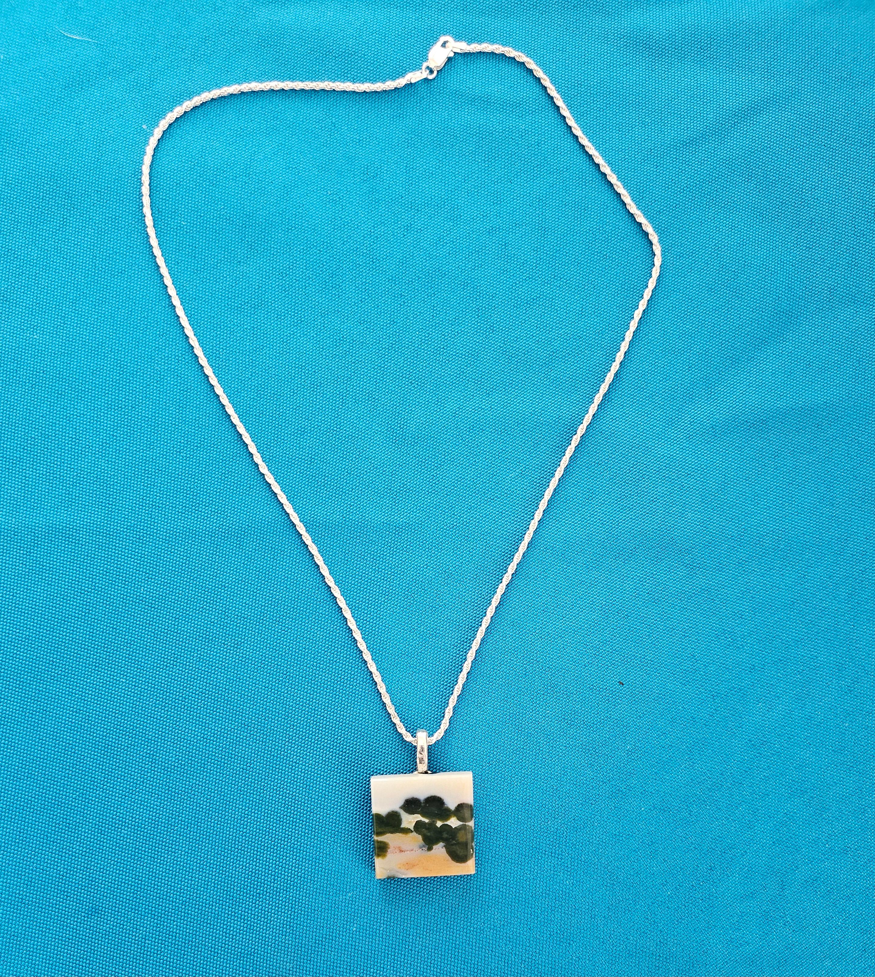 20th Century Semiprecious Stone Pendant on Sterling Silver Chain-Naturally Occuring Landscape For Sale