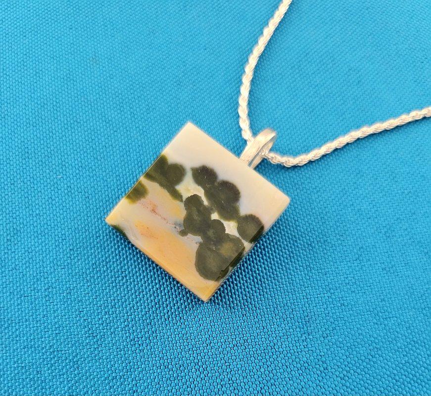 Semiprecious Stone Pendant on Sterling Silver Chain-Naturally Occuring Landscape For Sale 2