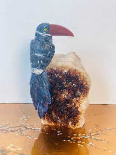 Semiprecious Stone Toucan Bird on Citrine Geode Cluster Specimen