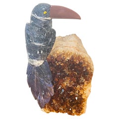 Semiprecious Stone Toucan Bird on Citrine Geode Cluster Specimen