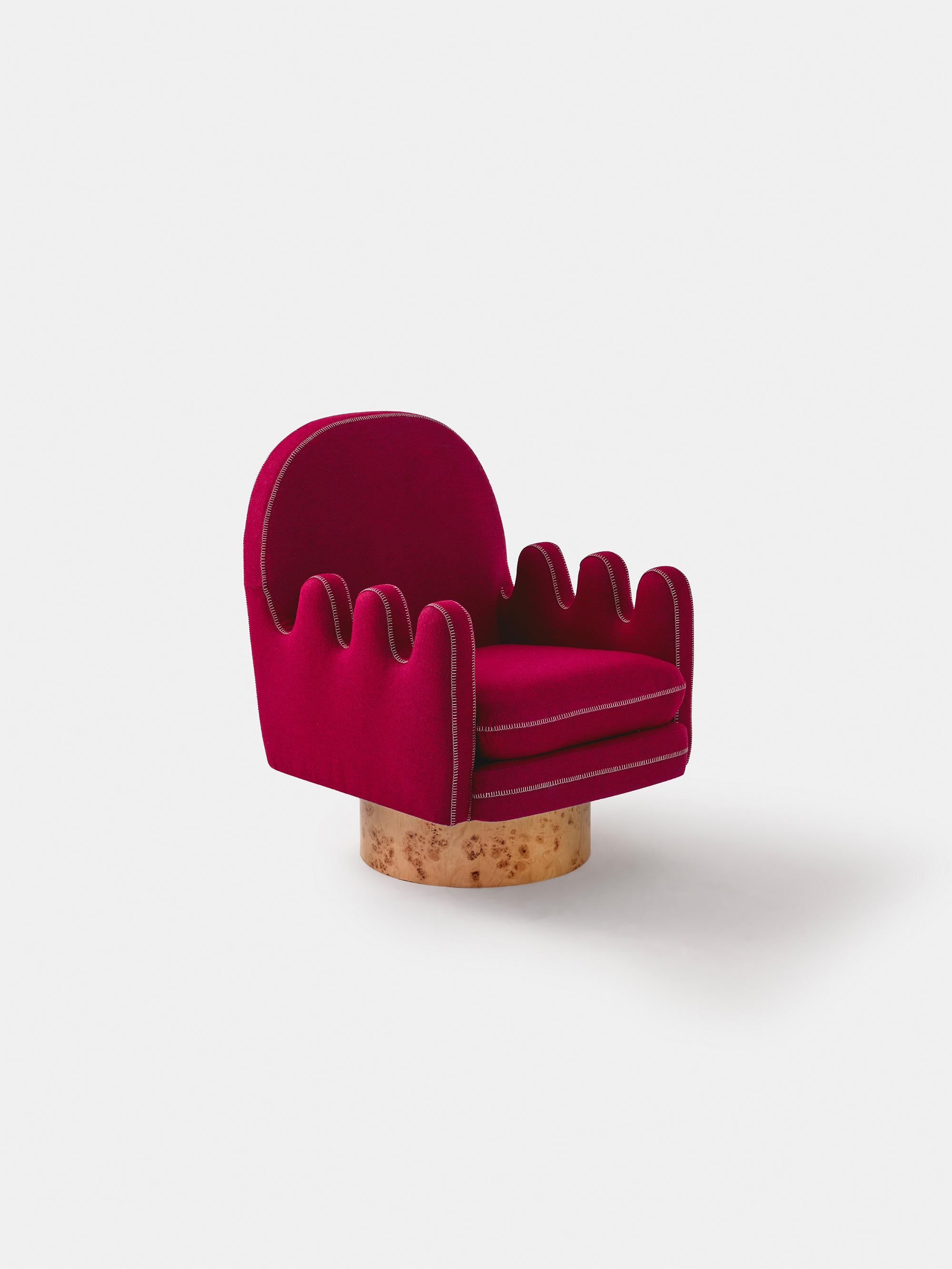 Semo Armchair Blue/Green by Merve Kahraman, Burl Wood Upholstery White Stitching In New Condition For Sale In New York, NY