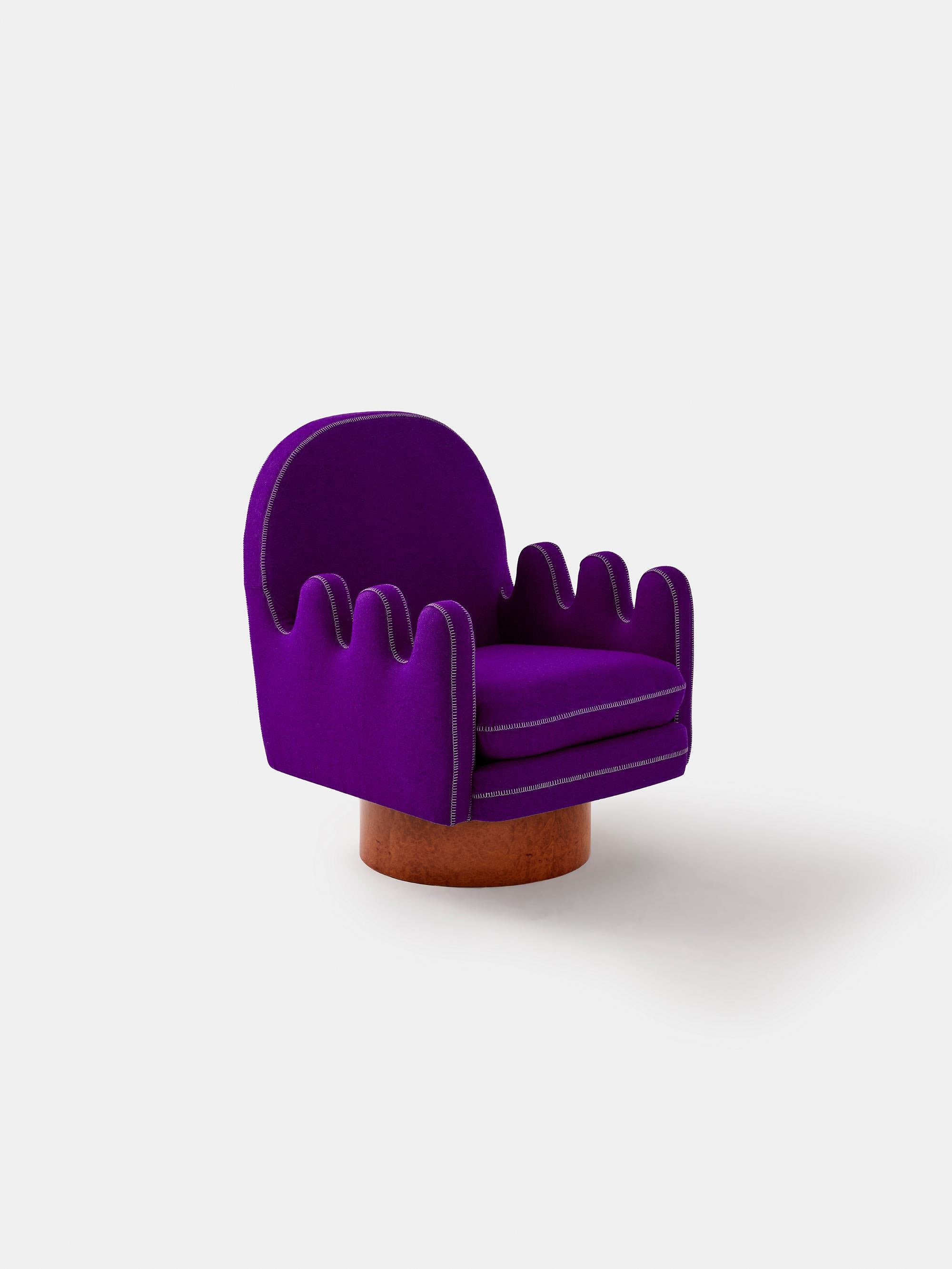 Semo Armchair Blue/Green by Merve Kahraman, Burl Wood Upholstery White Stitching For Sale 1