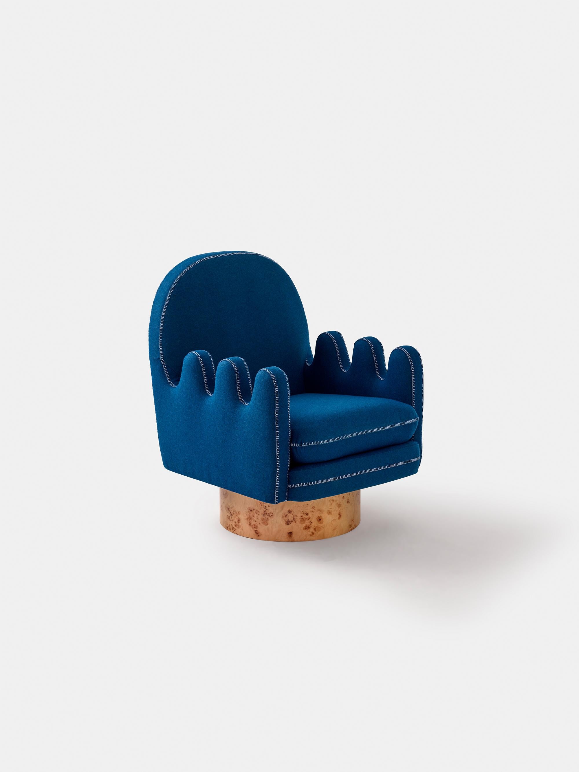 Semo Armchair by Merve Kahraman

High polished burl wood veneer and cherry upholstery with white colored stitching.

28