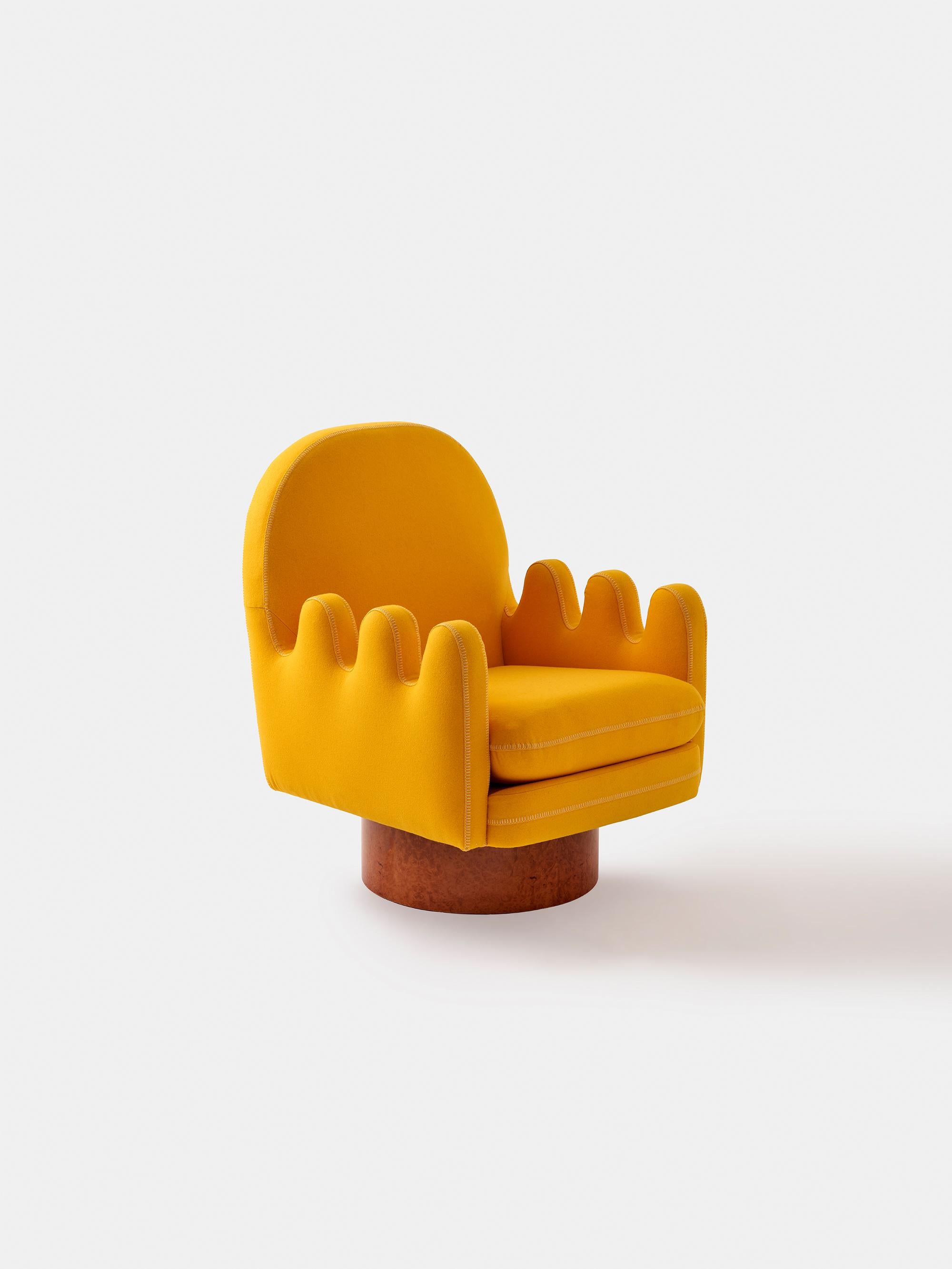 Turkish Semo Armchair in Cherry by Merve Kahraman, Burl Wood Upholstery White Stitching For Sale
