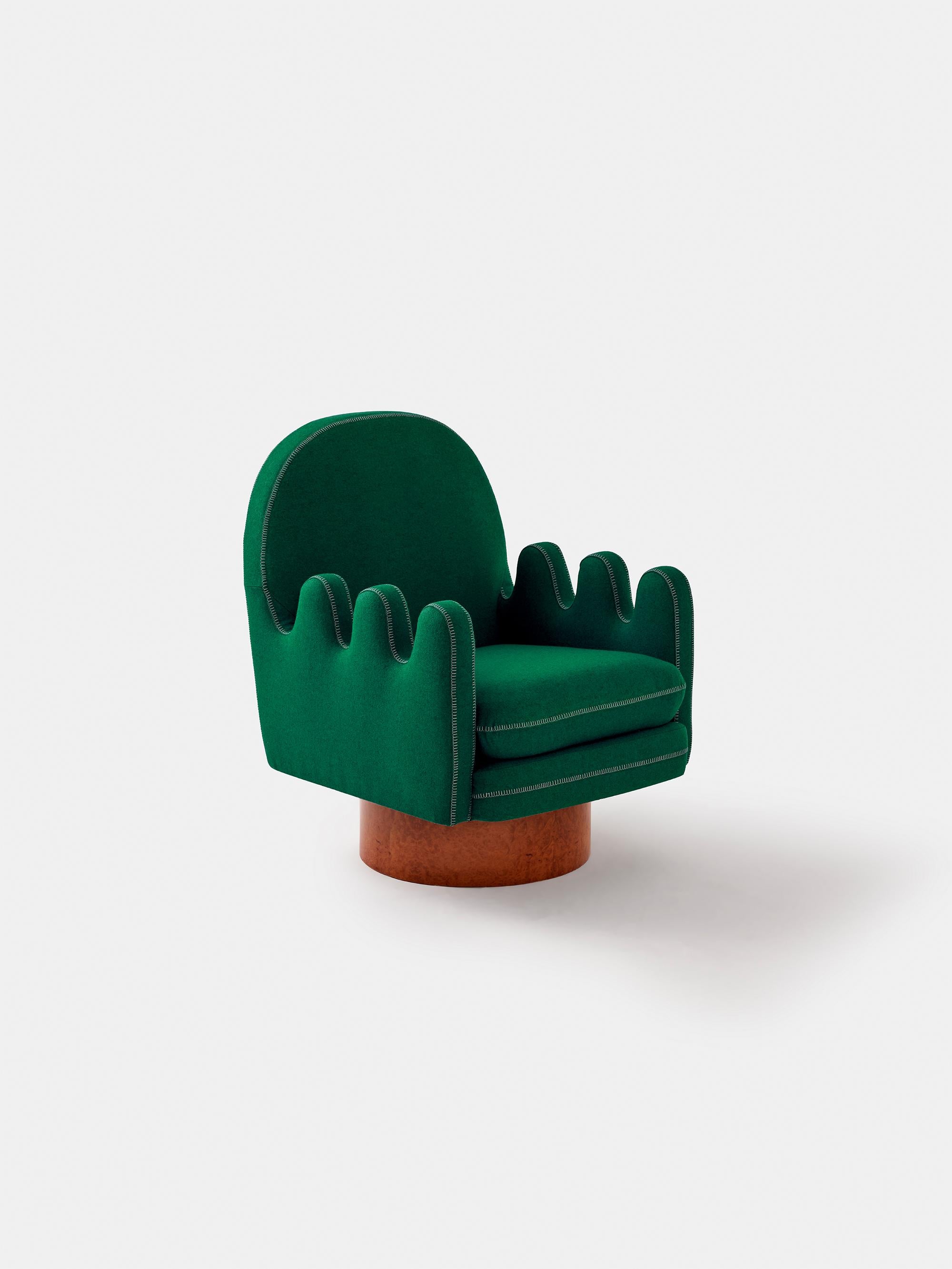 Hand-Crafted Semo Armchair in Cherry by Merve Kahraman, Burl Wood Upholstery White Stitching For Sale