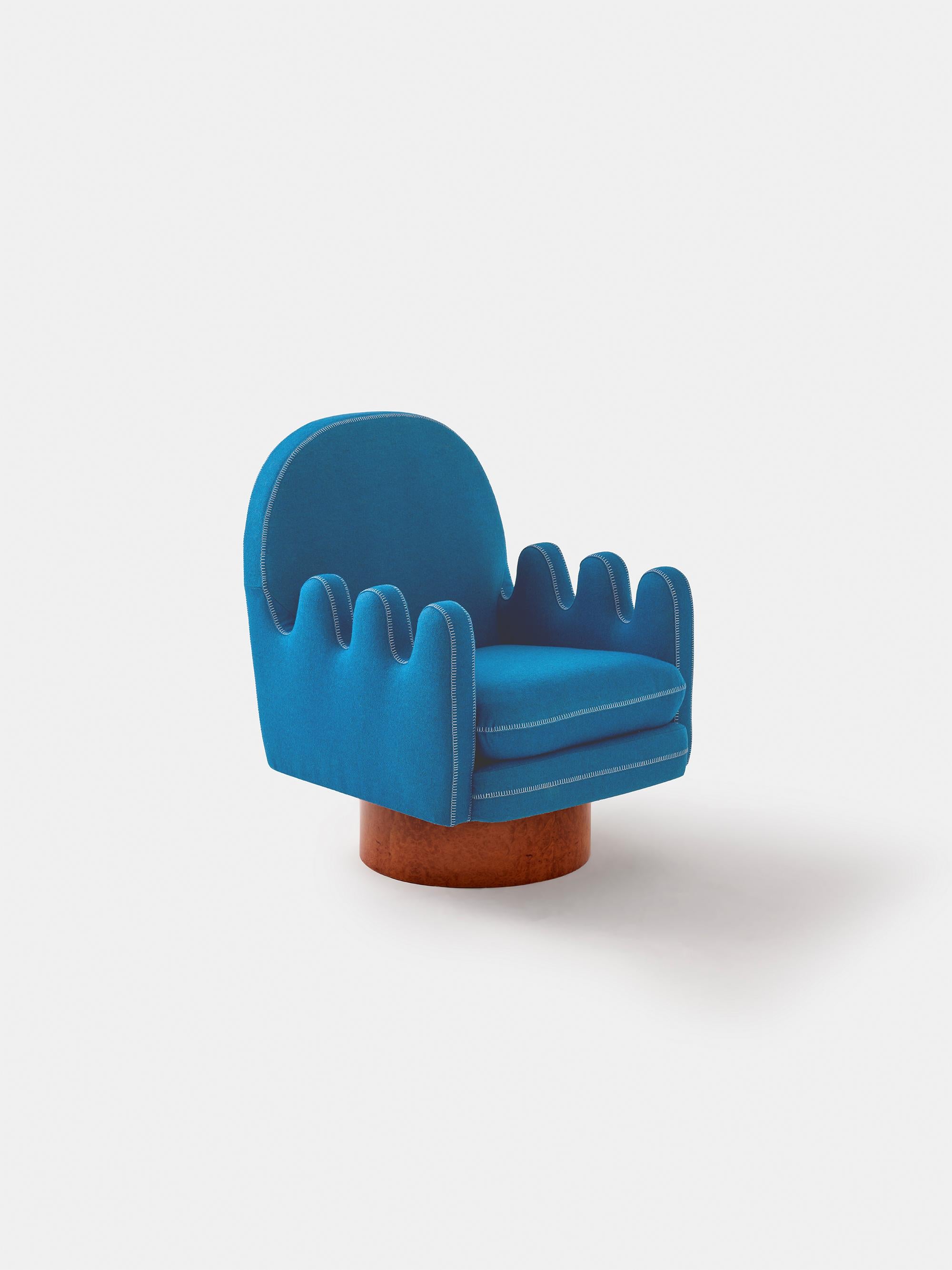 Semo Armchair in Cherry by Merve Kahraman, Burl Wood Upholstery White Stitching In New Condition For Sale In New York, NY