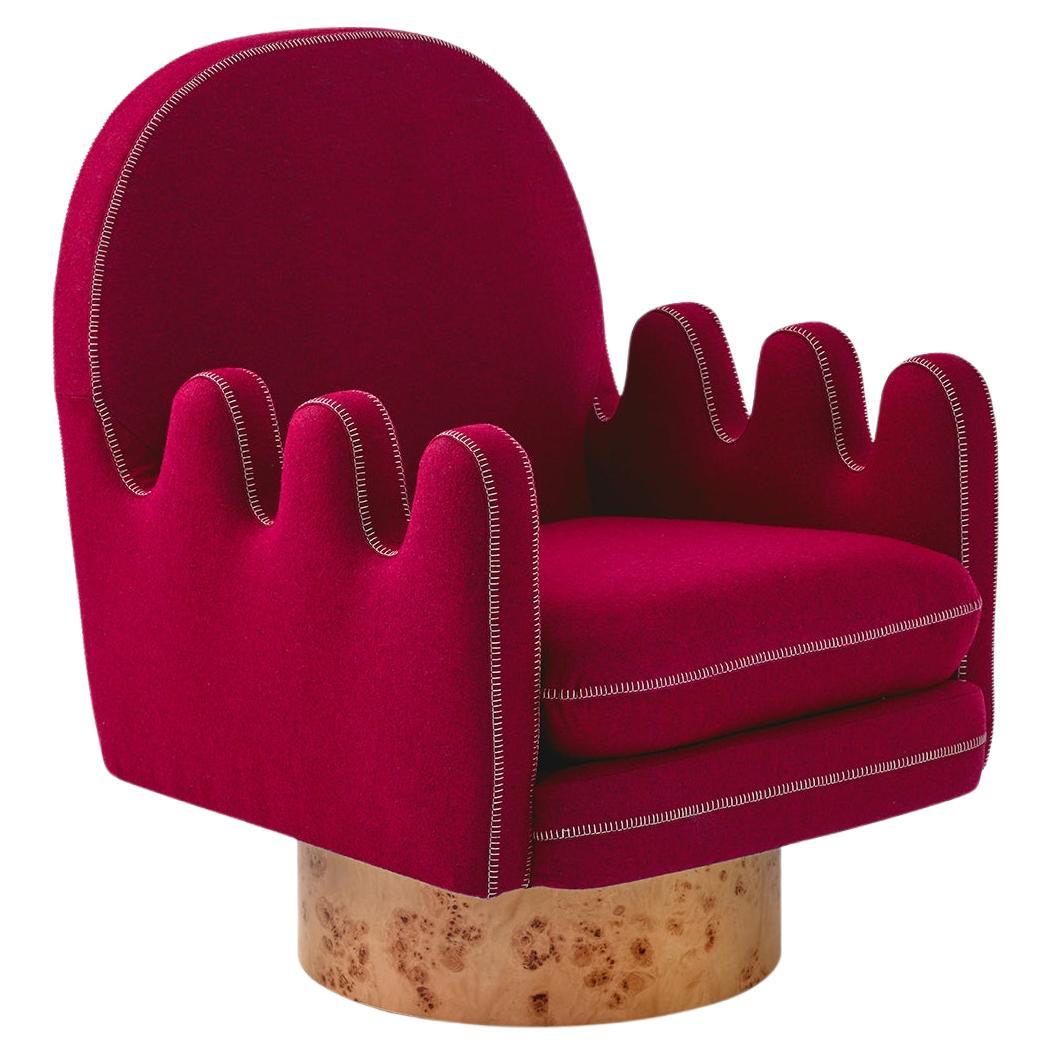 Semo Armchair in Cherry by Merve Kahraman, Burl Wood Upholstery White Stitching