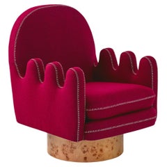 Semo Armchair in Cherry by Merve Kahraman, Burl Wood Upholstery White Stitching