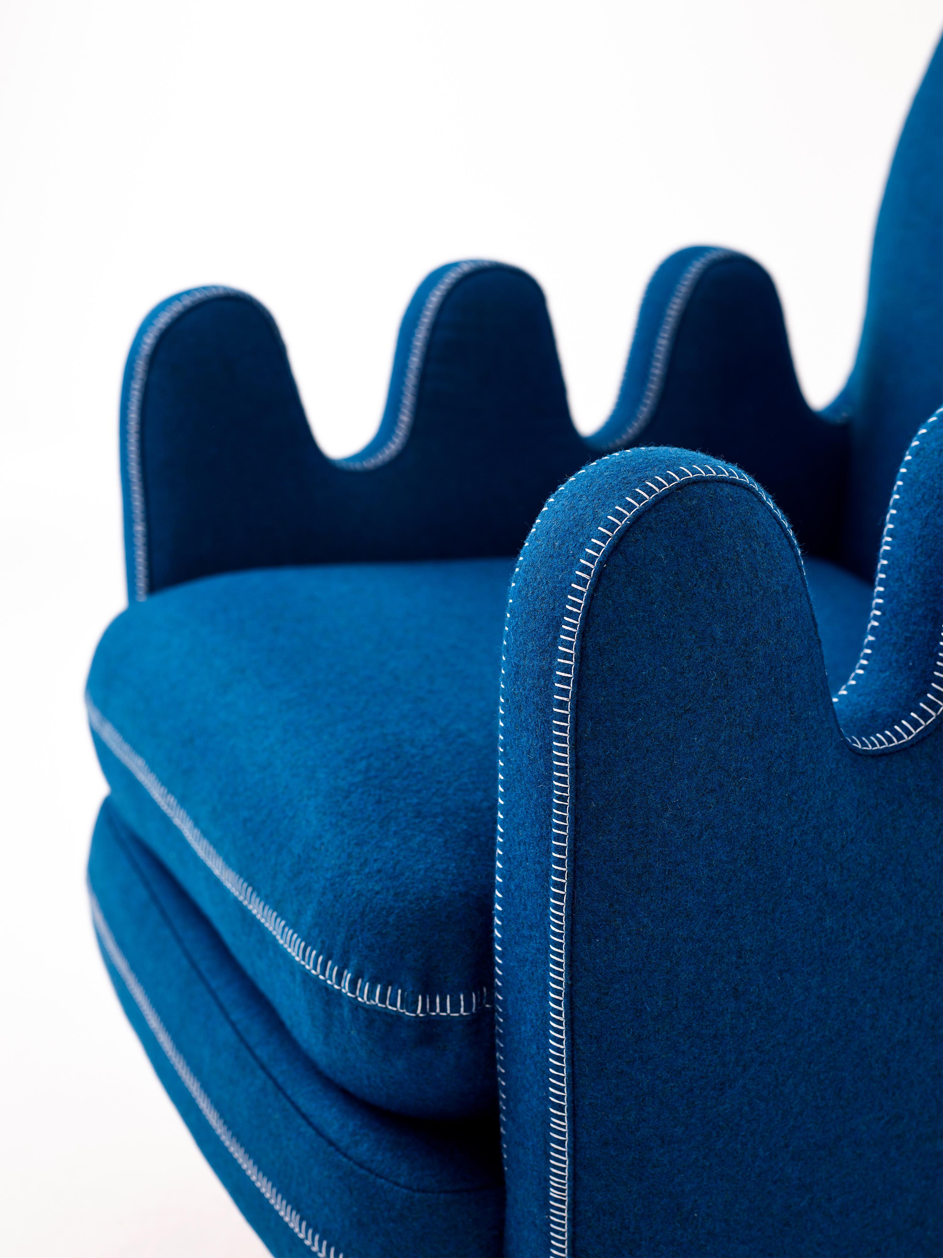 Semo Armchair in Navy by Merve Kahraman, Burl Wood Upholstery White Stitching For Sale 3
